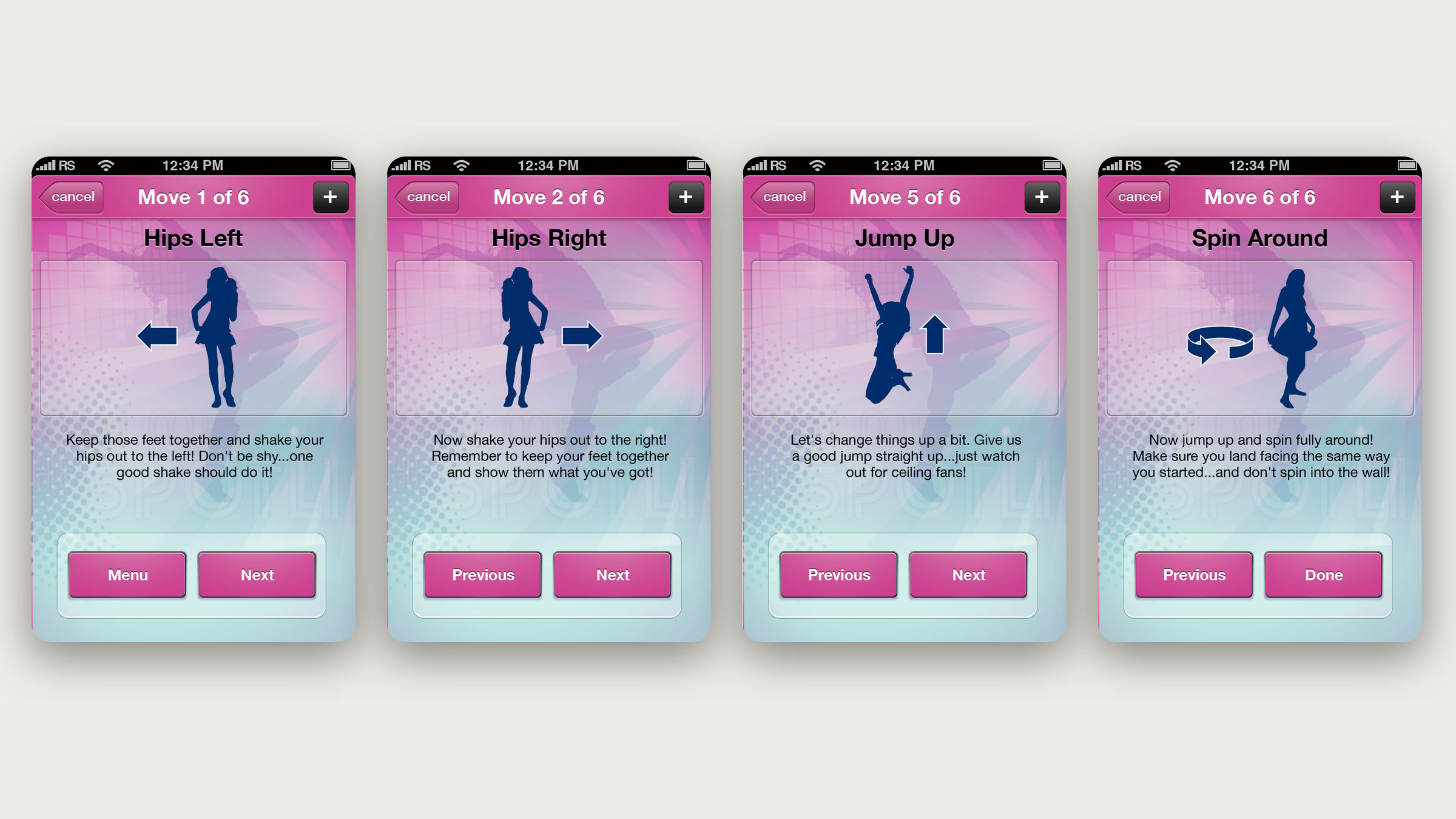 Four move tutorial screens: Hips Left, Hips Right, Jump Up and Spin Around, each with a silhouette and an arrow.