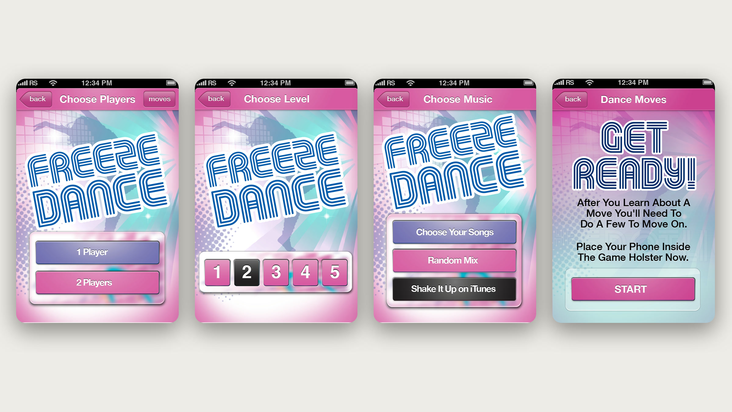 Four Freeze Dance screens: Choose Players, Choose Level, Choose Music and Get Ready.