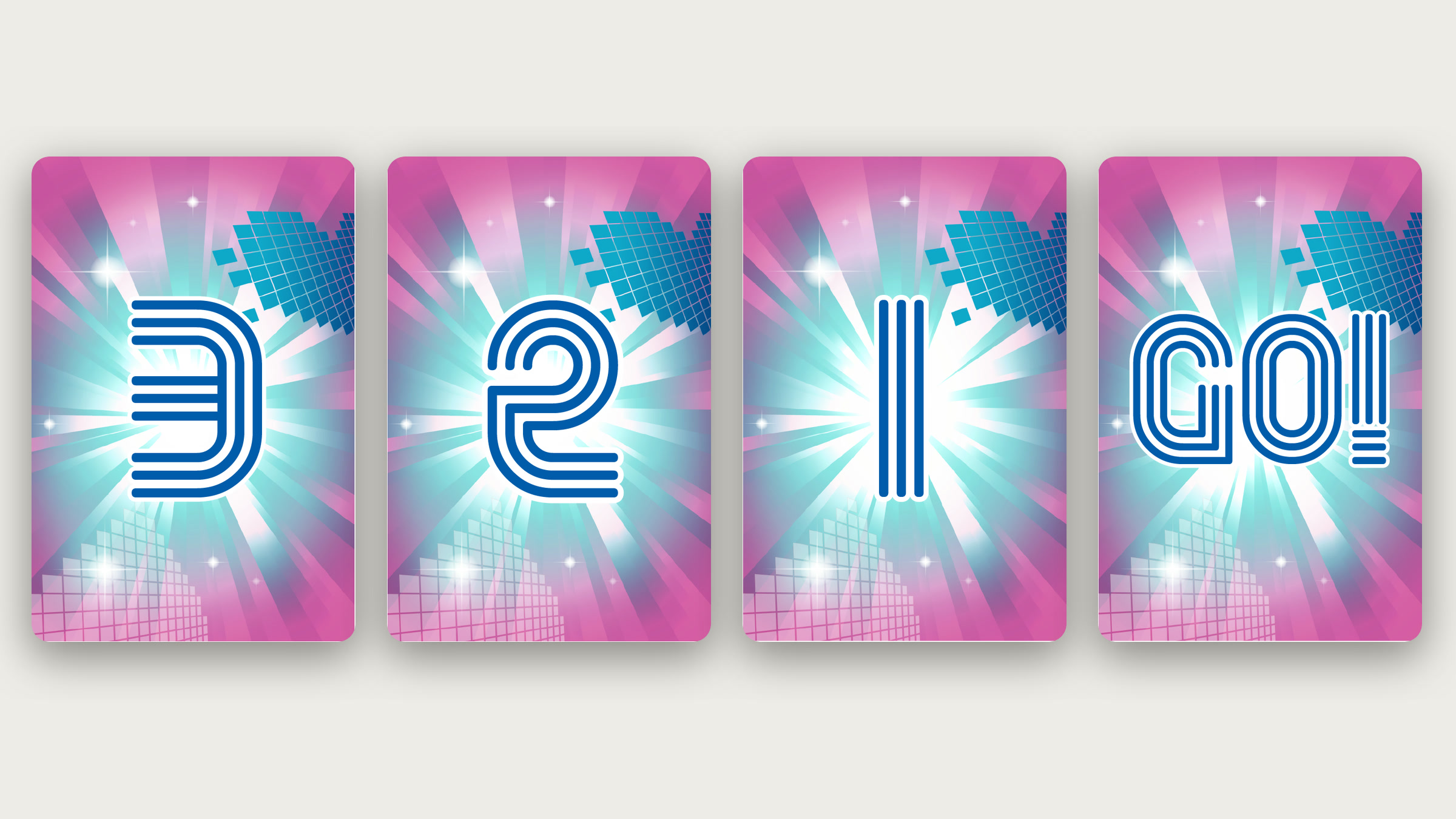 Four full-screen countdown frames showing 3, 2, 1 and Go in a blue outline on a pink and teal burst.