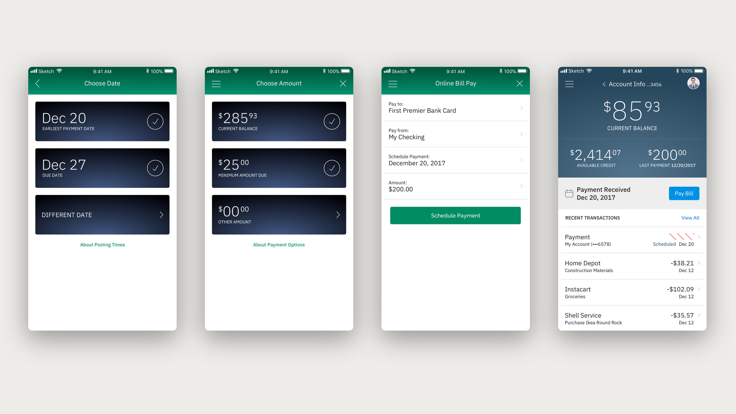 Four iOS screens showing the bill pay steps, with dark tiles for choosing a payment date and amount, a filled payment form and a slate-blue account screen.