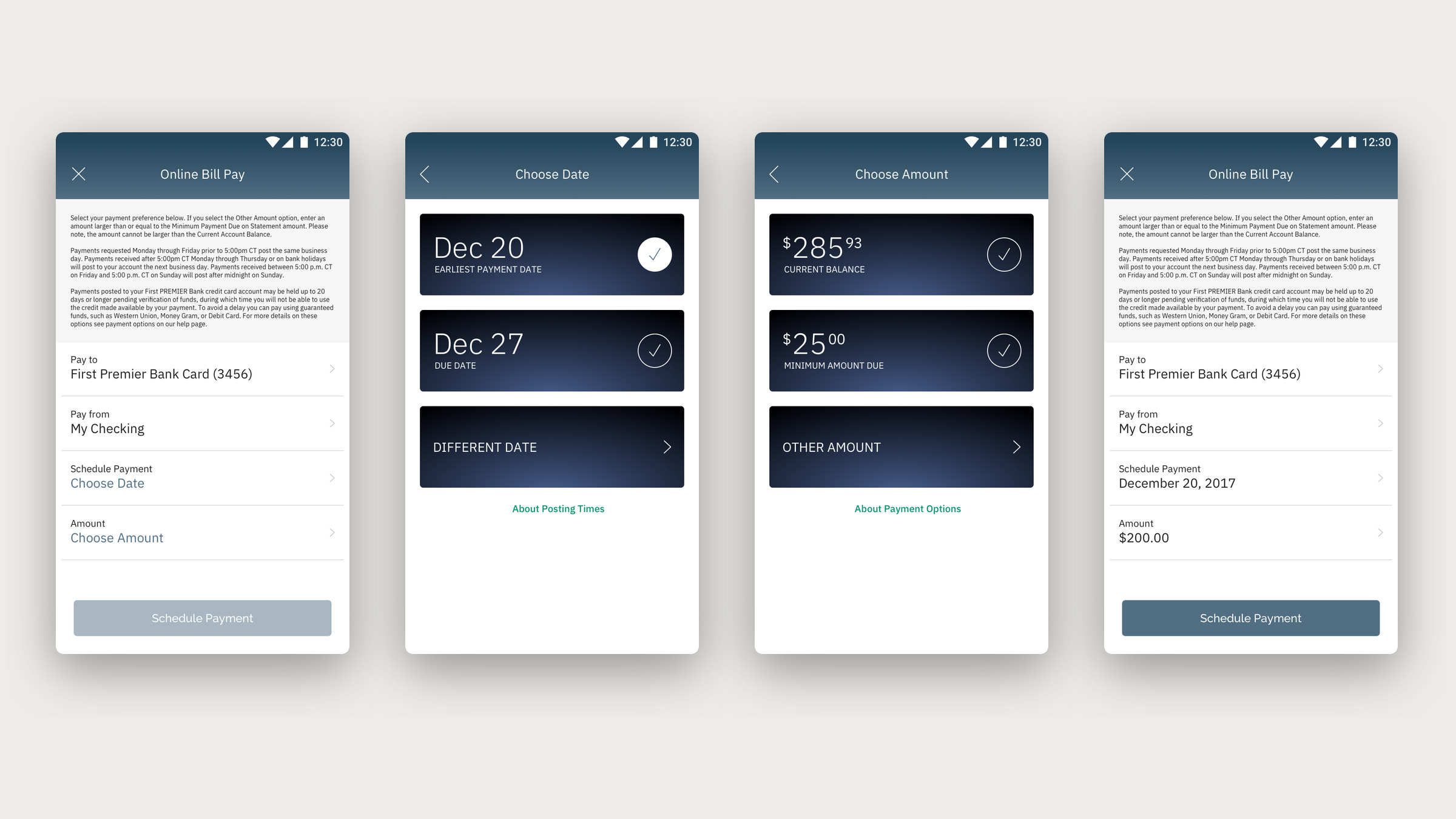 Four Android screens of the bill pay flow in slate blue: the payment form, choosing a date, choosing an amount and a filled form.
