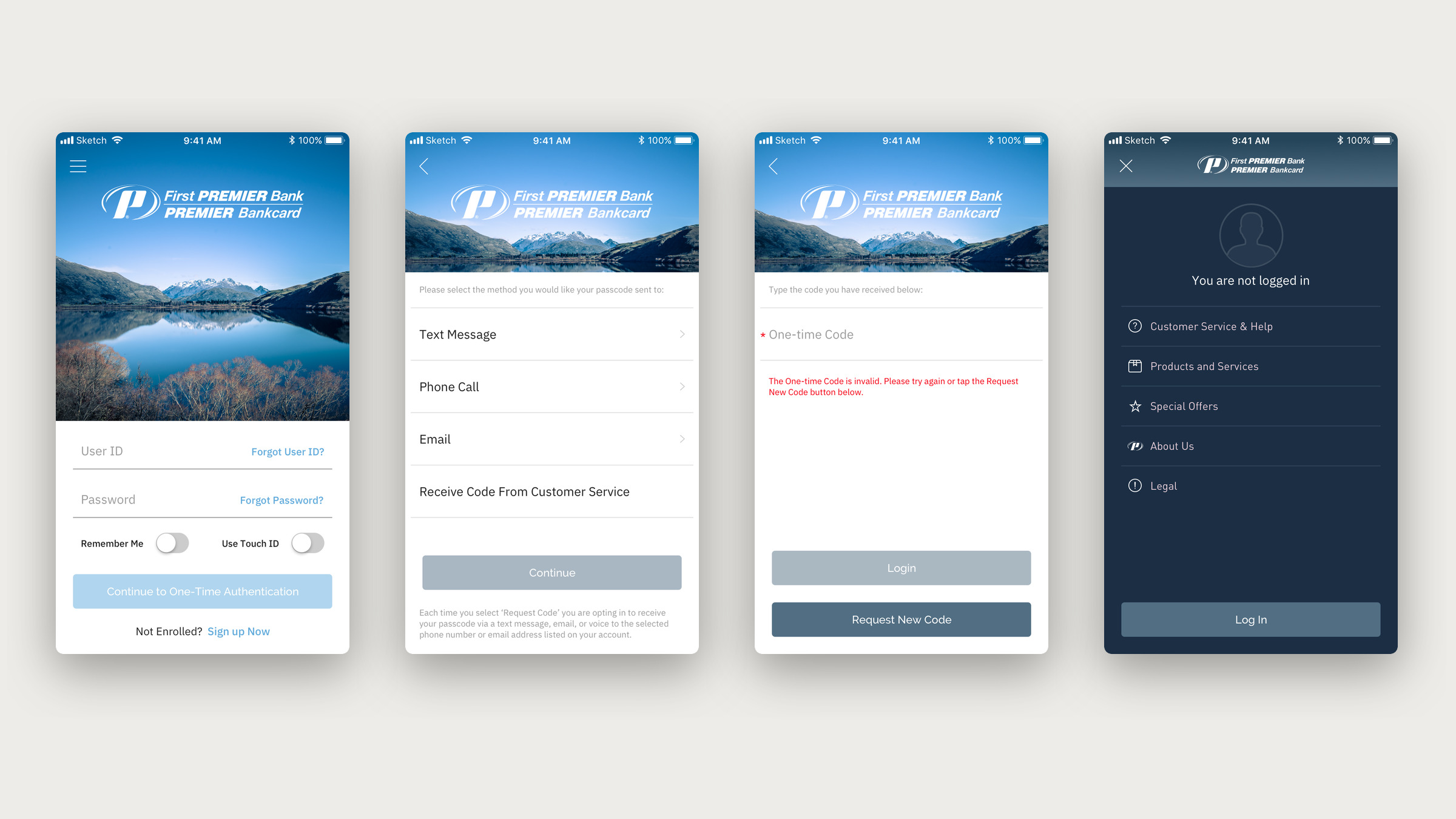 Four iOS screens: sign in over a lake photo, choosing how to receive a one-time code, an invalid code message and the logged-out menu.