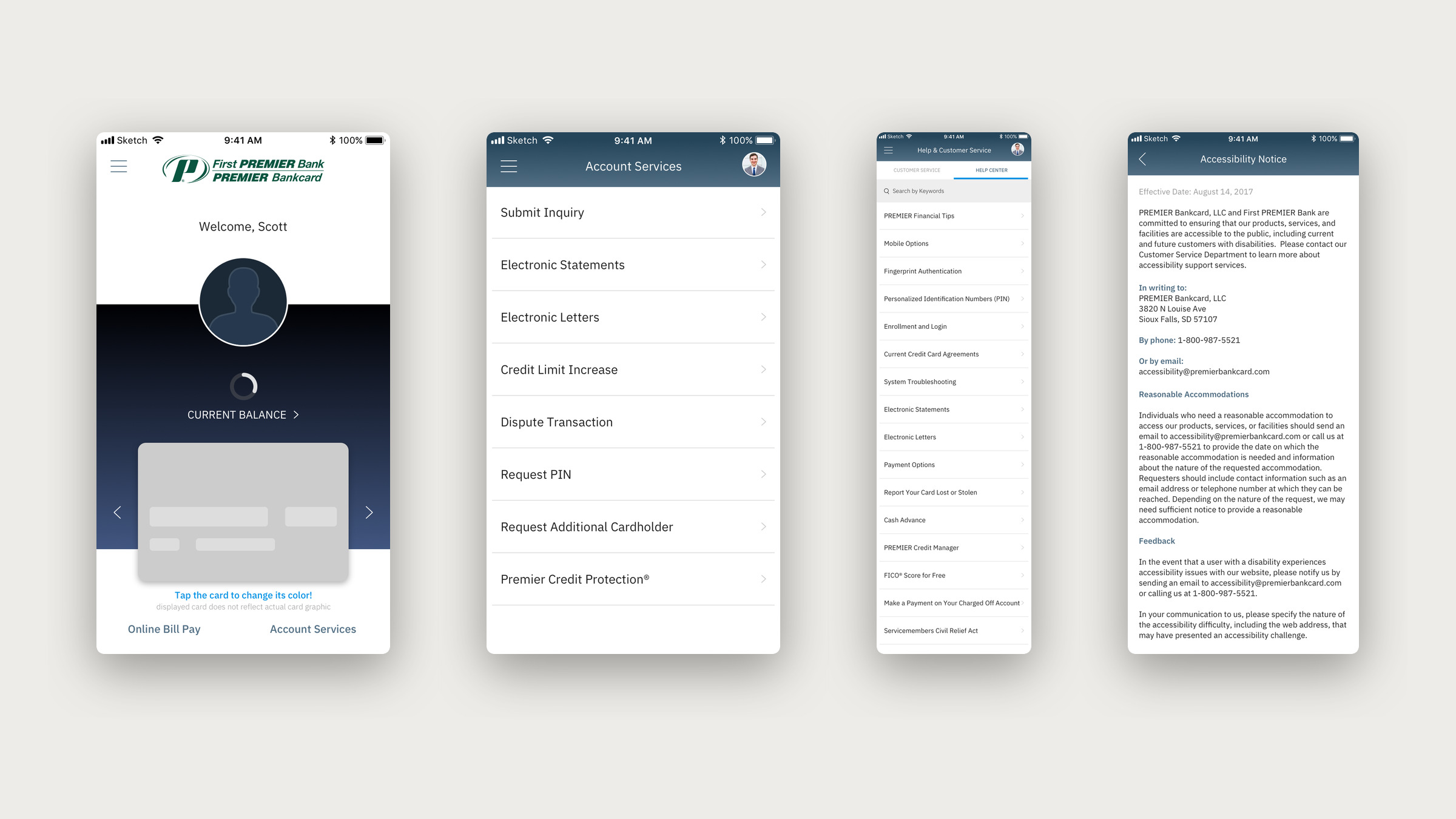 Four iOS screens: a loading placeholder for the account, the account services list, the help center and the accessibility notice.