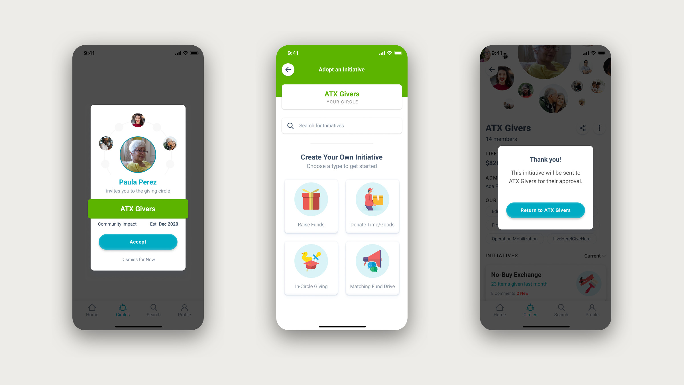 Three Givelify Giving Circles prototype screens: an invitation, creating an initiative, and the approval confirmation.