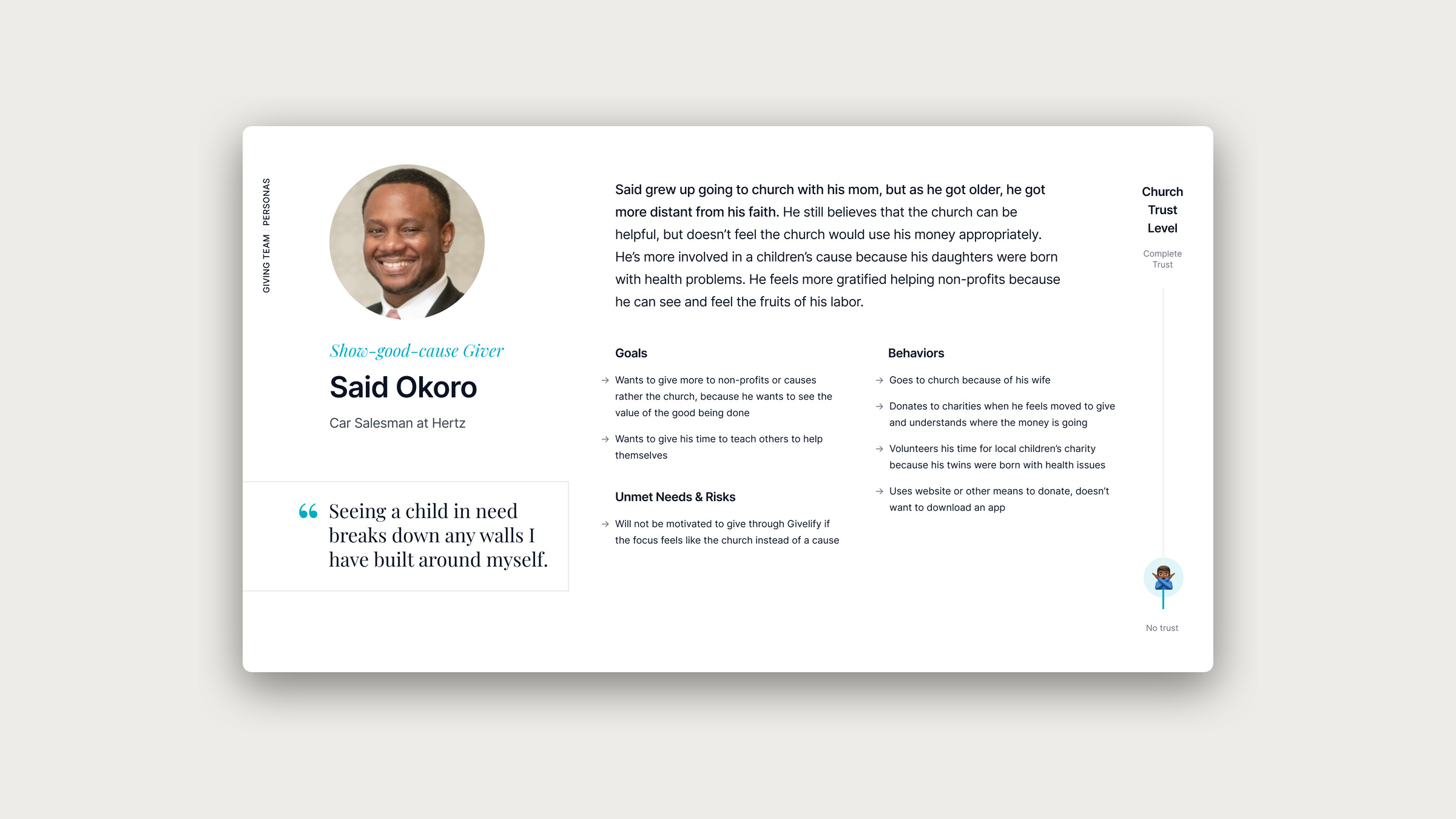 A Givelify giving team persona board with goals, behaviors and a quote.