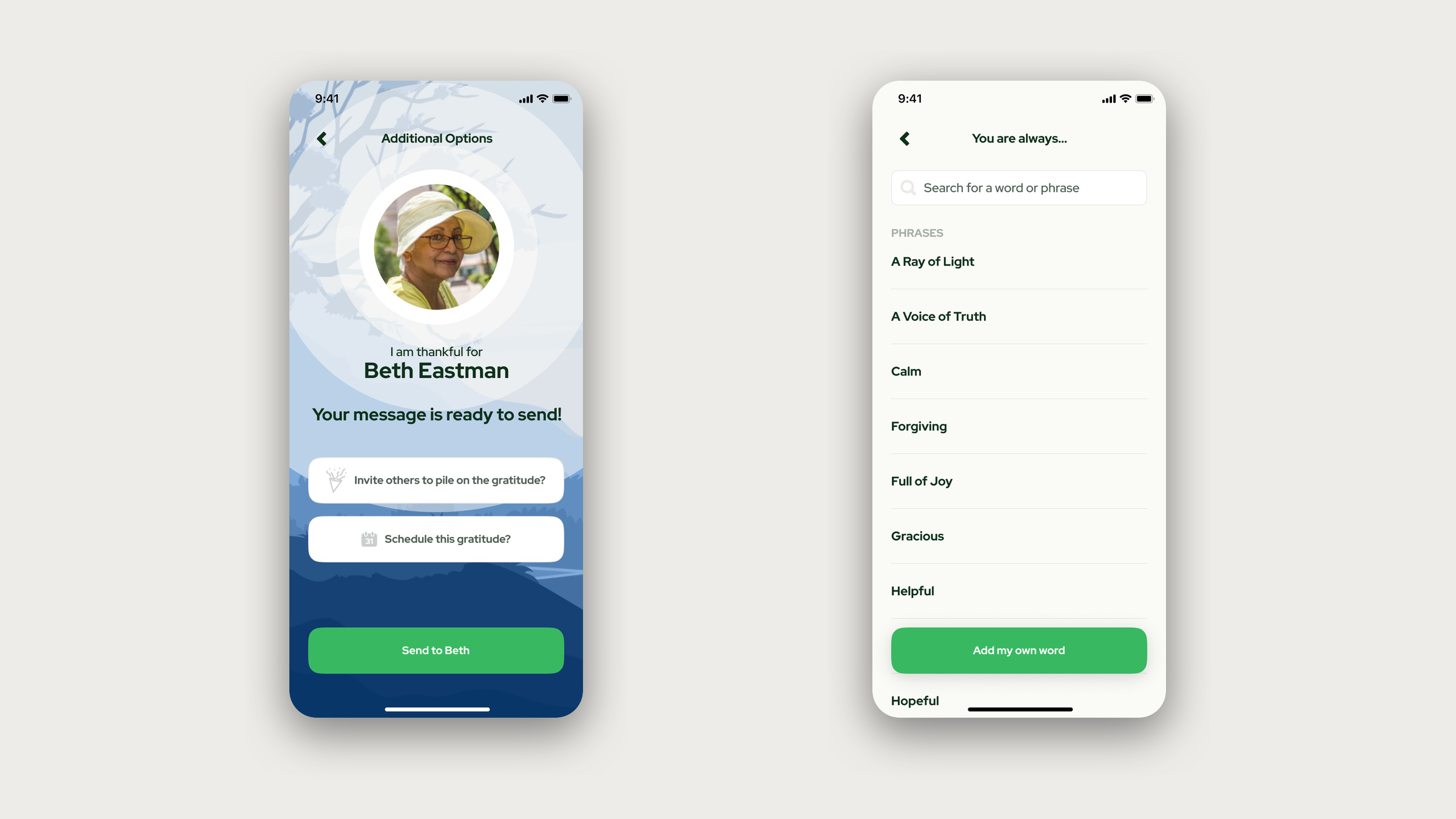Two Givelify Gratitude screens: a message ready to send, and the sentence builder phrase bank.