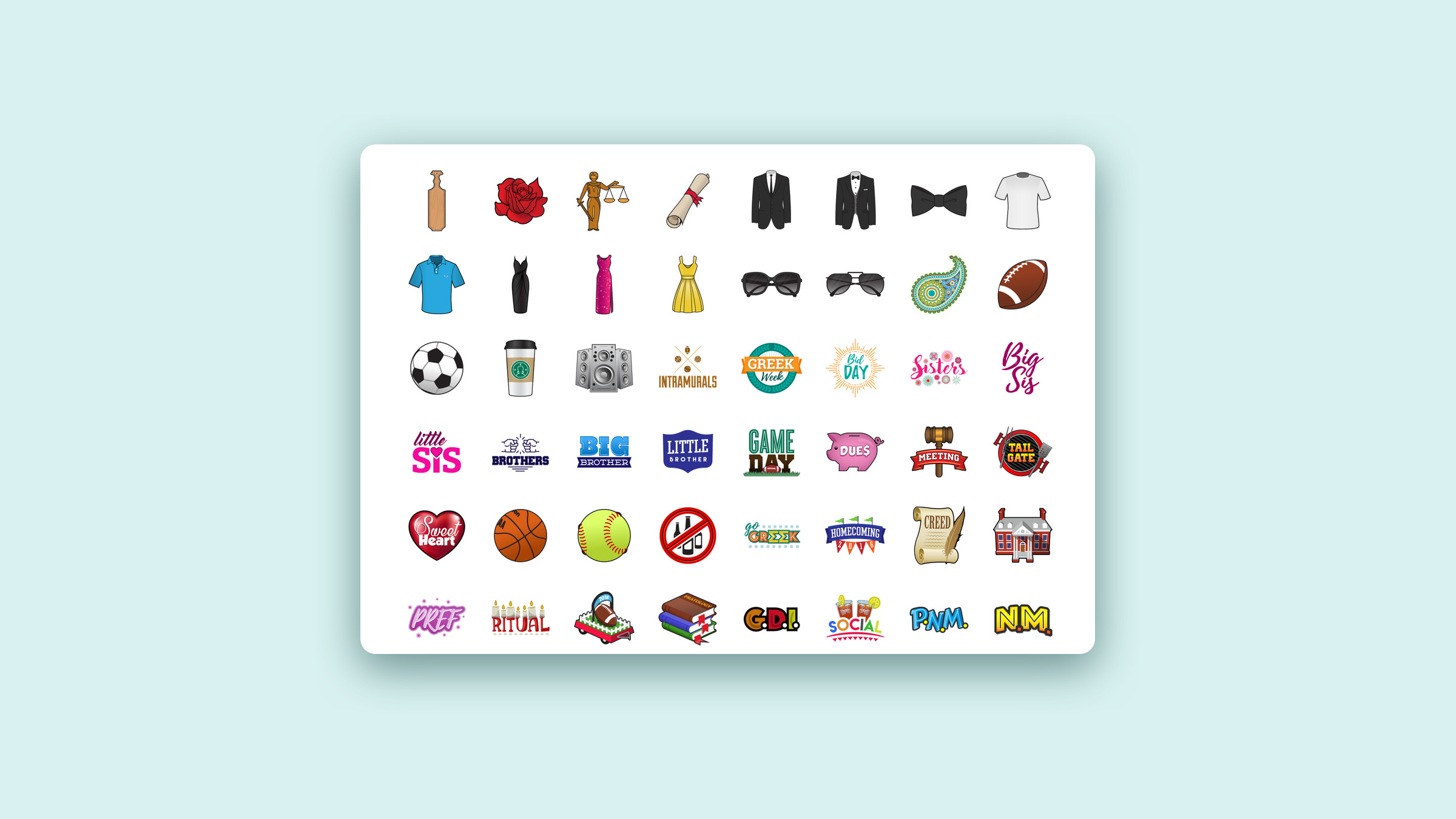 The full GreekMoji sticker set: attire, objects and illustrated Greek life concepts.