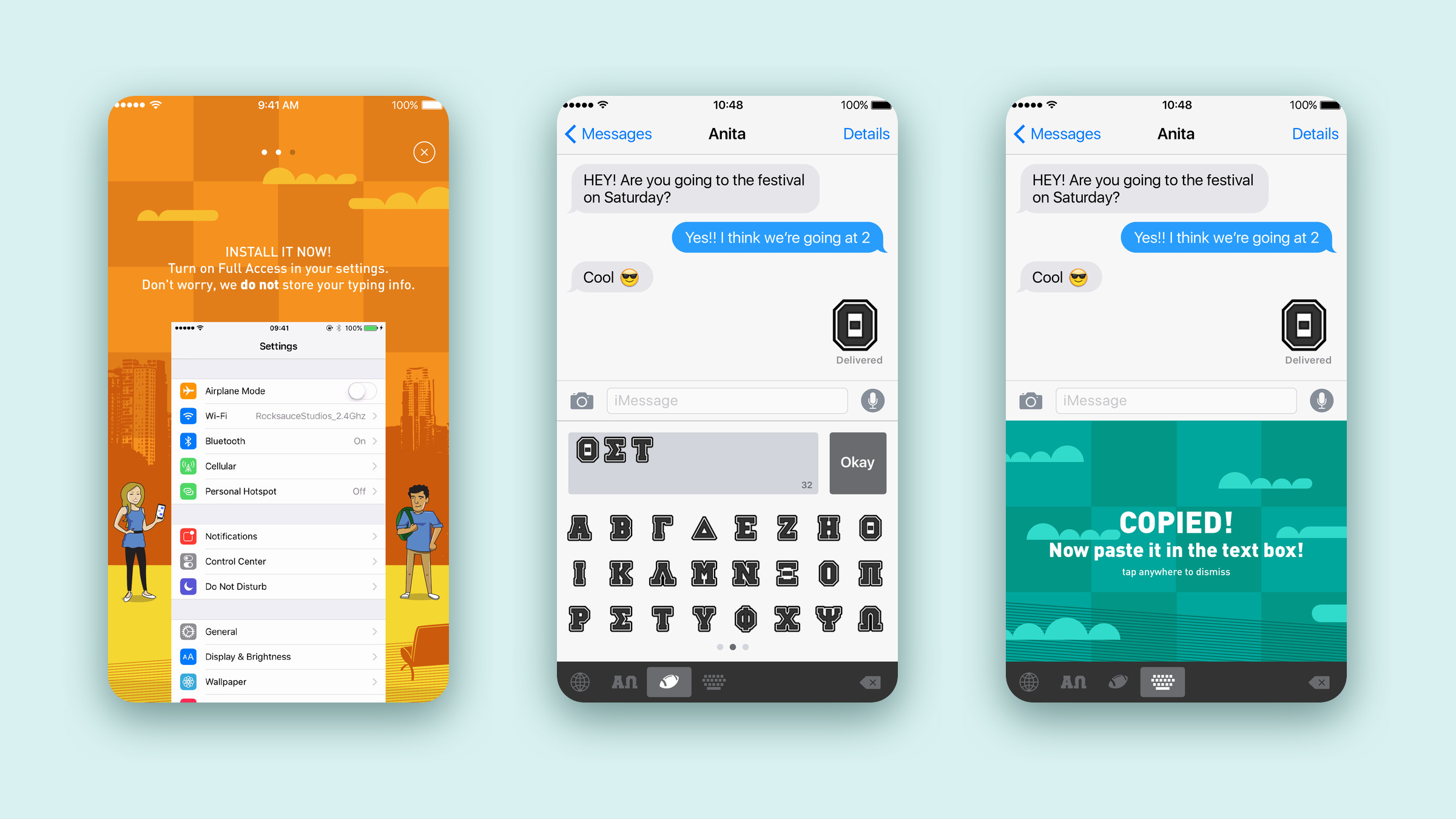 Three GreekMoji iOS screens: turning on the keyboard in Settings, typing Greek letters in Messages, and the copied confirmation.