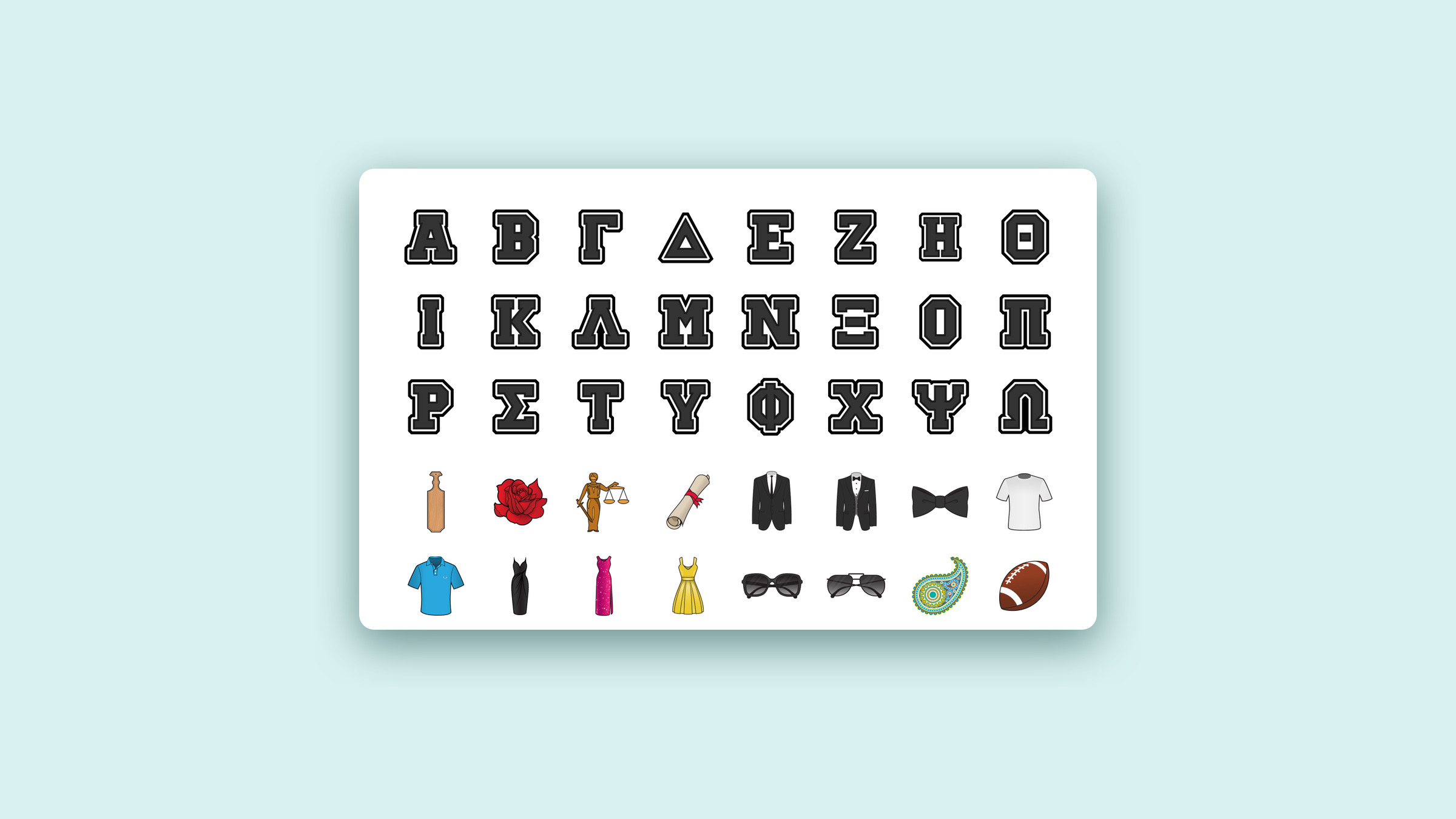 The collegiate Greek alphabet in a bold varsity outline, above a row of attire and object stickers.