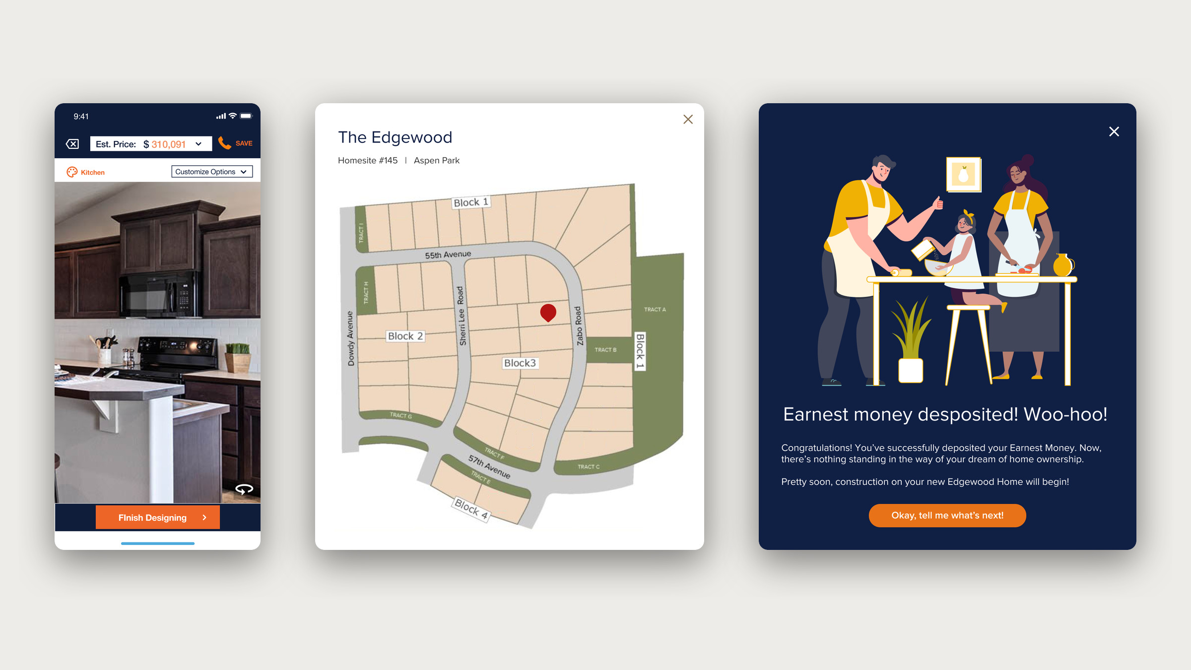 The Hayden Homes visualizer on iPhone, the lot selection map, and the earnest money confirmation.