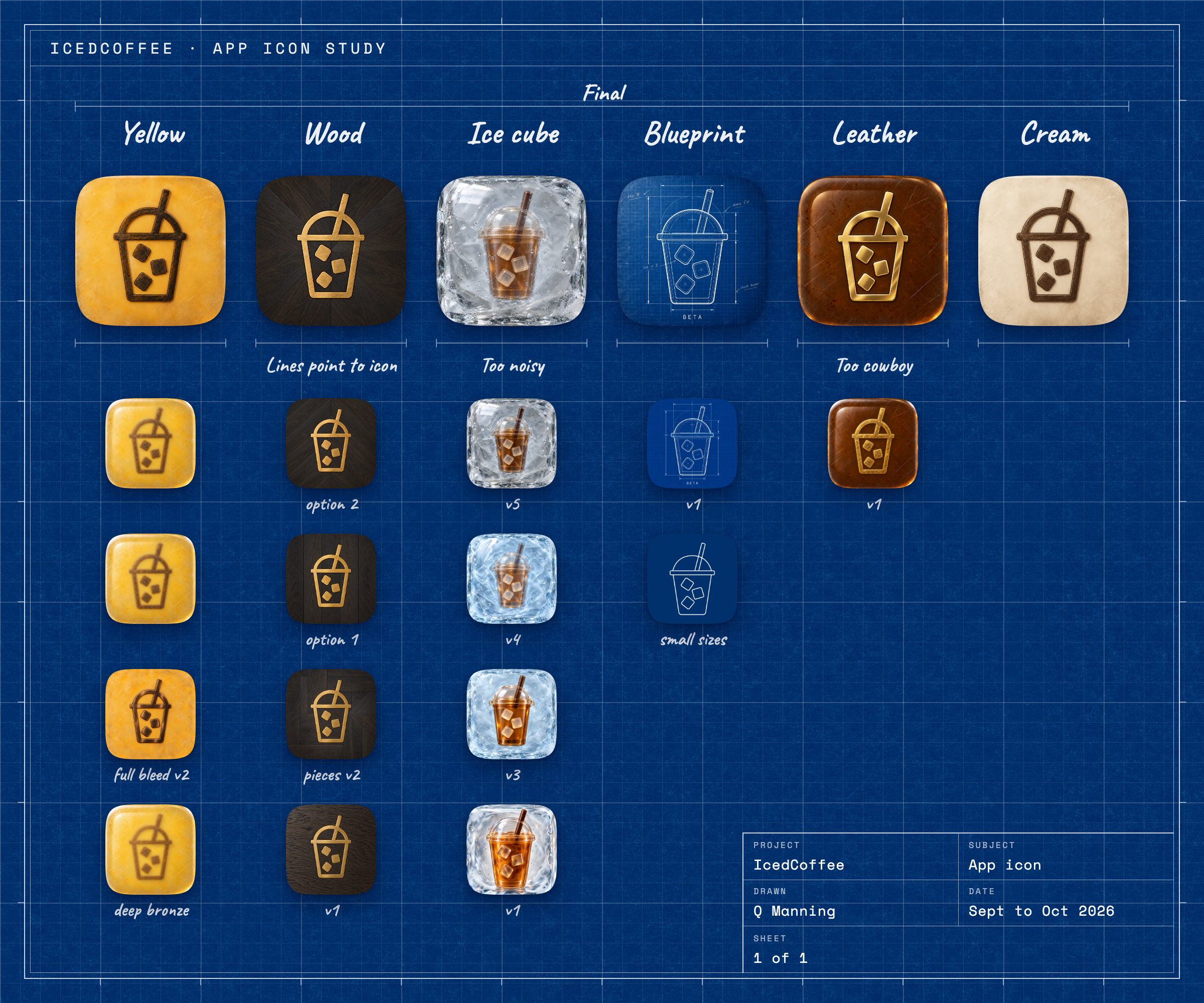 An app icon study on blueprint paper: six columns, Yellow, Wood, Ice cube, Blueprint, Leather and Cream, each with its final icon on top and earlier versions below; pencil notes read Lines point to icon under Wood, Too noisy under Ice cube and Too cowboy under Leather; a title block reads IcedCoffee, App icon, drawn by Q Manning, Sept to Oct 2026