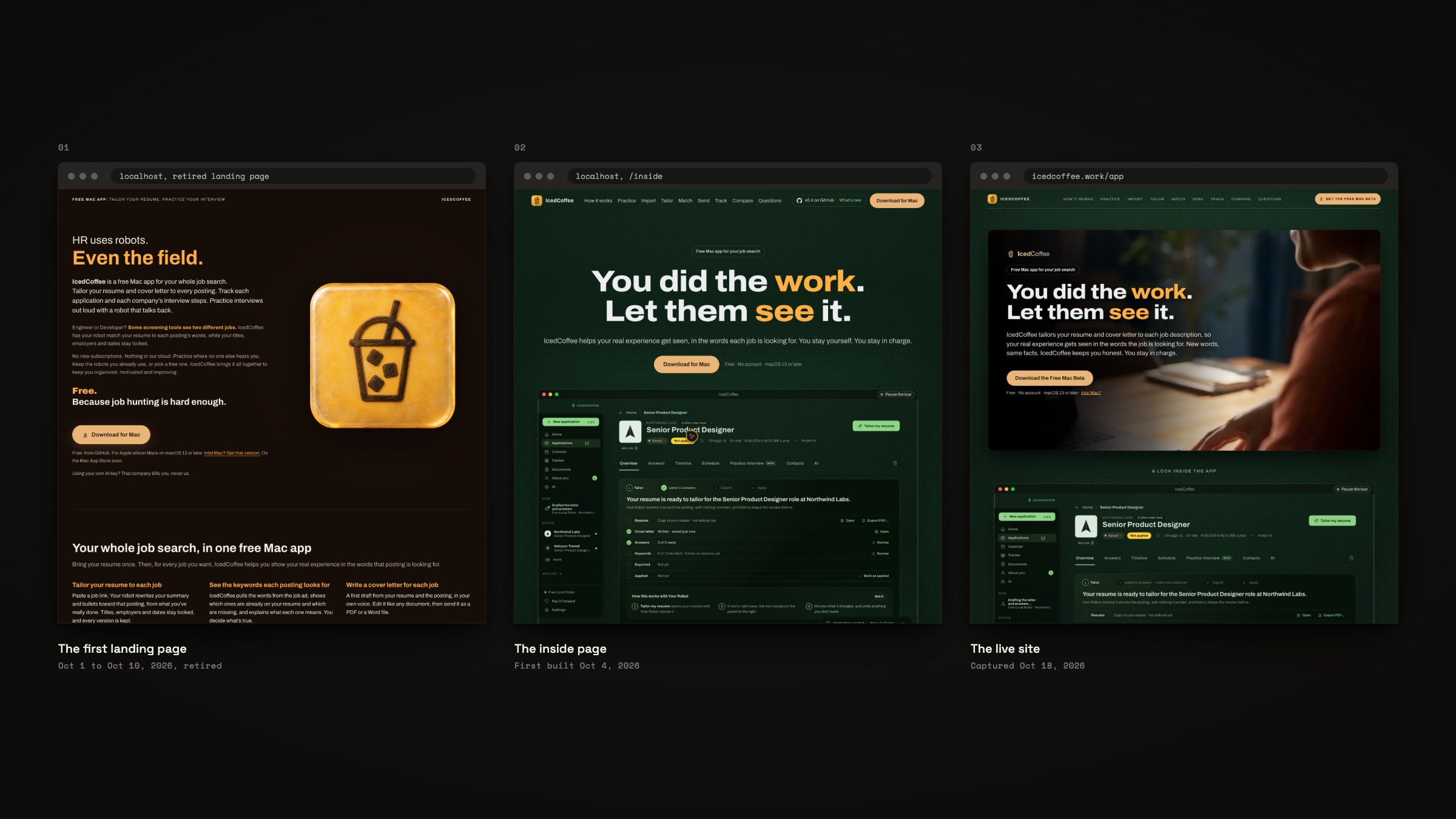 Three browser windows side by side on near-black: the first landing page, the inside page and the live IcedCoffee site