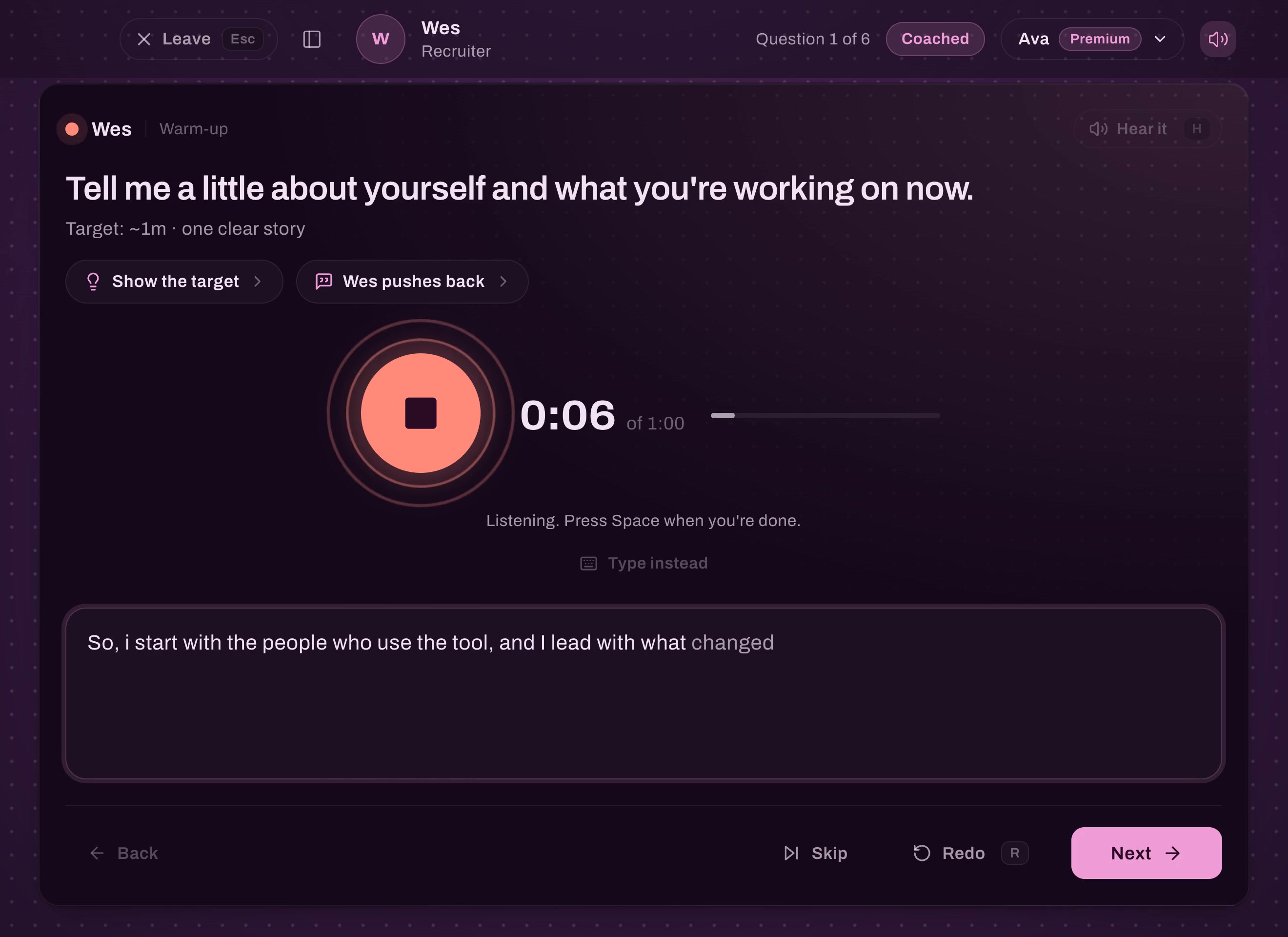 The real Booth in Orchid: the interviewer asks Mara to talk about herself, the mic is pressed, the timer runs while her answer appears as text, and it stops ready for the next question