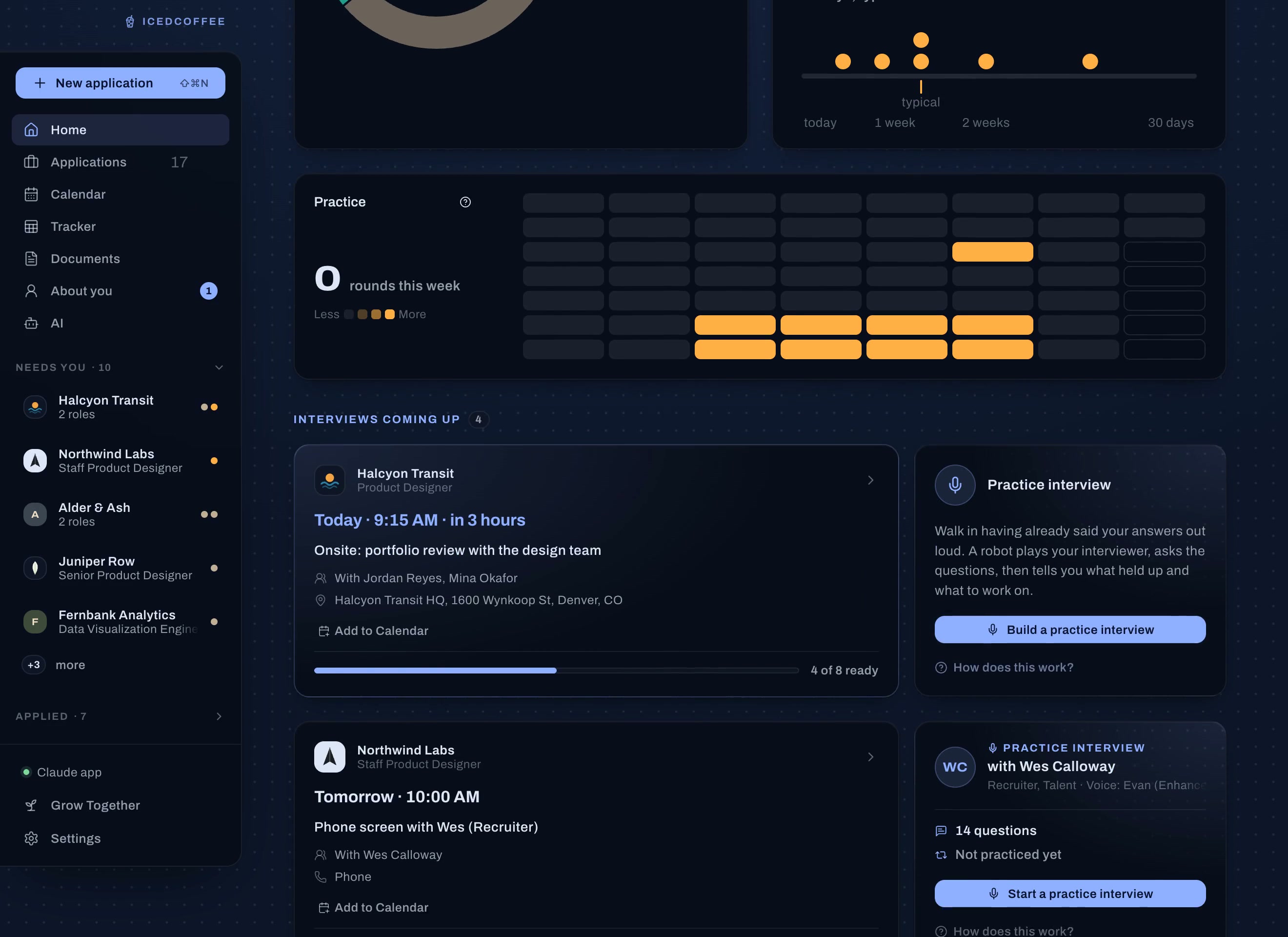 The new IcedCoffee Dashboard in Midnight: Good morning Mara, the pipeline strip, then Your numbers, where 25 applications stand in a donut, a 24 percent response rate, time to tailor falling to 42 minutes, and days to first reply on a timeline, 9 days typical, then a scroll through practice and interviews coming up