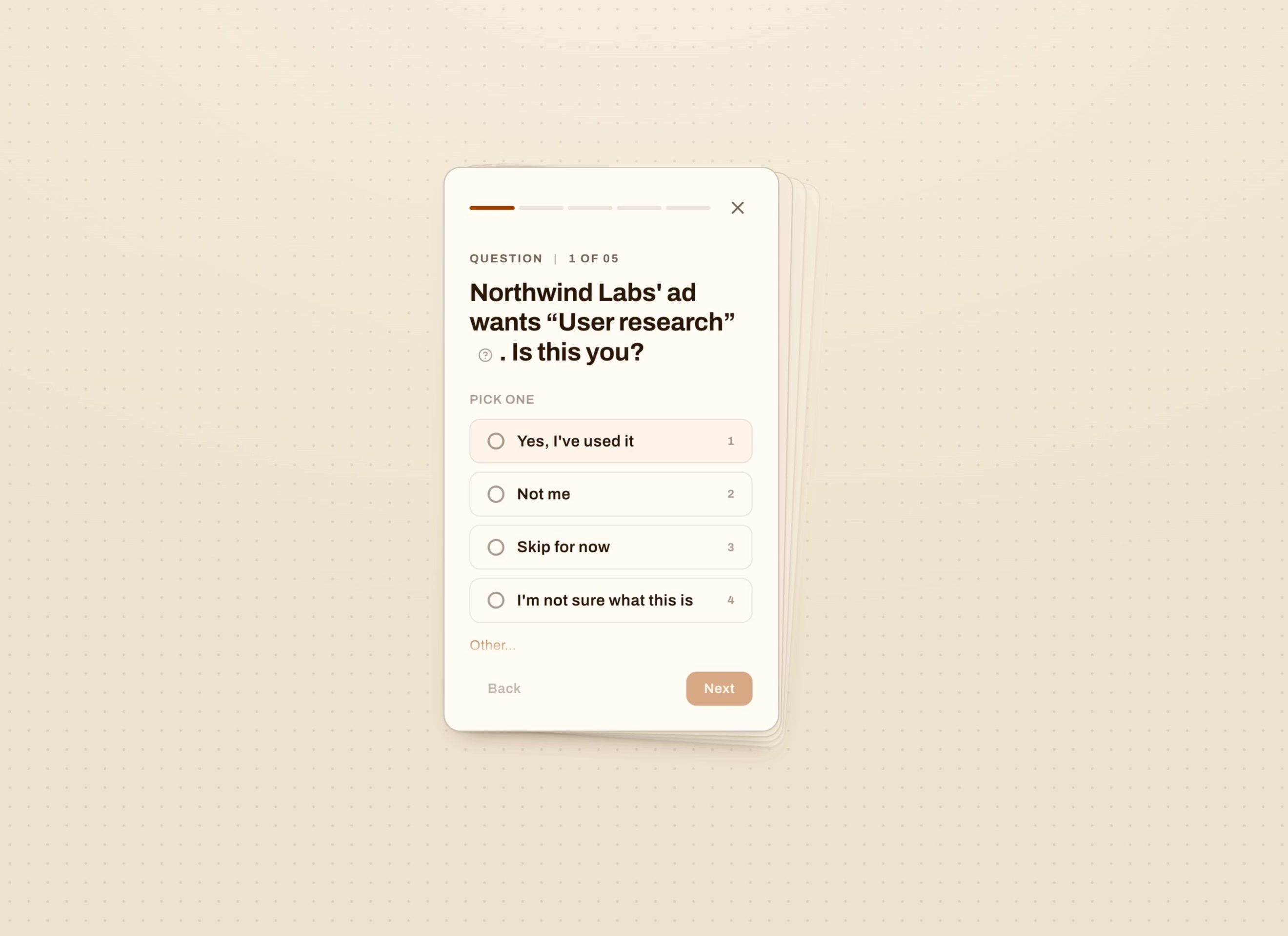 The keyword question stack in Espresso light (Latte): a card asks whether the Northwind Labs ad's keywords, like User research and Accessibility, are you; each answer sends the card away and the next one comes forward from the fan behind it