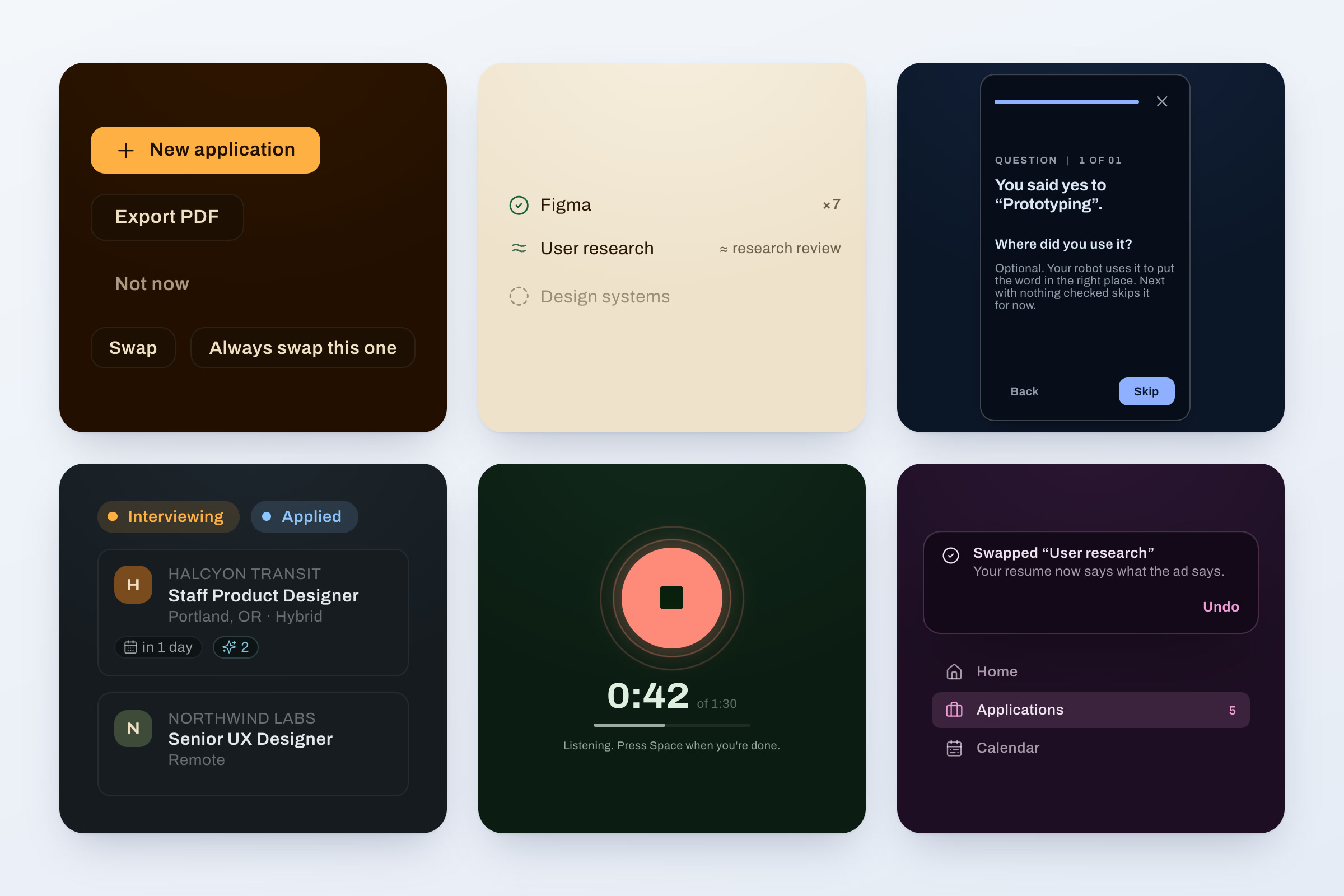 Six groups of app parts, each in a different palette (Espresso, Espresso light, Midnight, Slate, Forest, Orchid): buttons, keyword rows found, near and missing, the question card, application cards with status pills, the Booth record button with its timer, and a toast with sidebar items