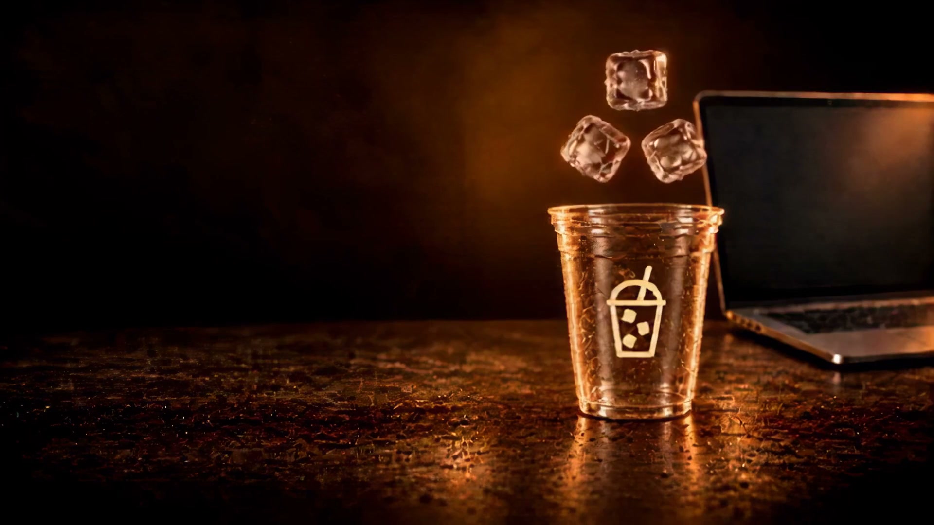 The full-motion film behind the Experience site: three ice cubes drop into an empty cup beside a laptop, coffee pours, the lid and straw drop on, the camera pushes past to the laptop, the drink drains, and a hand lifts the cup, wipes the table and sets it back