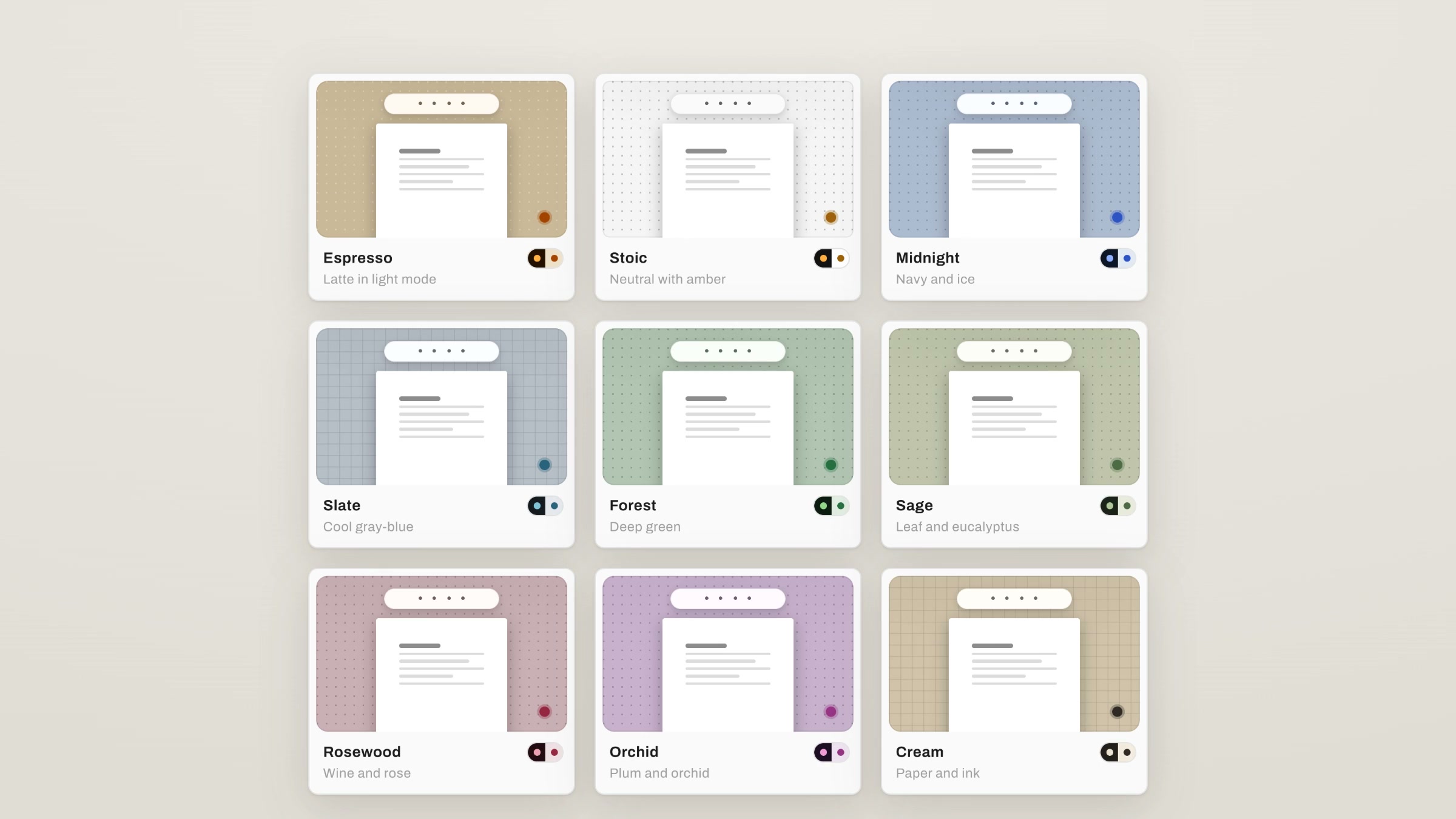 The nine palette cards from Settings, Espresso, Stoic, Midnight, Slate, Forest, Sage, Rosewood, Orchid and Cream, a dark blob sweeping in from the top left turns them dark, then a light one from the bottom right turns them light again