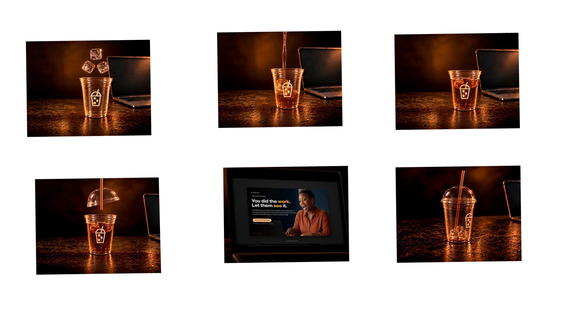 The same six panels as stills from the finished film: the ice hovering over the cup, the pour, the full cup, the lid and straw, the push into the laptop with the IcedCoffee app on its screen, and the drained cup