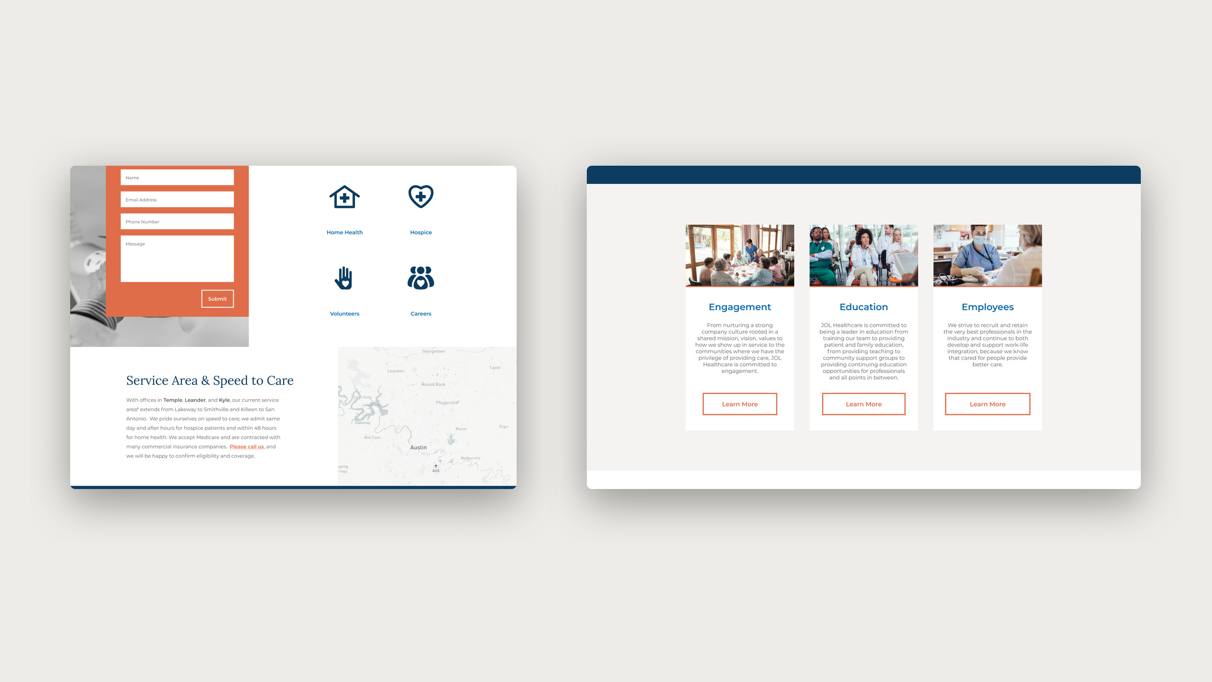 Two sections of the JOL homepage: a contact form with service icons and a service area map, and three cards for engagement, education and employees.
