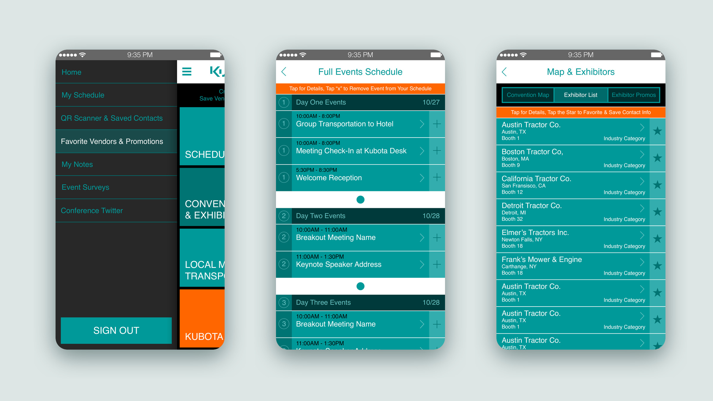 Three more screens: the side menu, the full events schedule by day, and the exhibitor list with booth numbers
