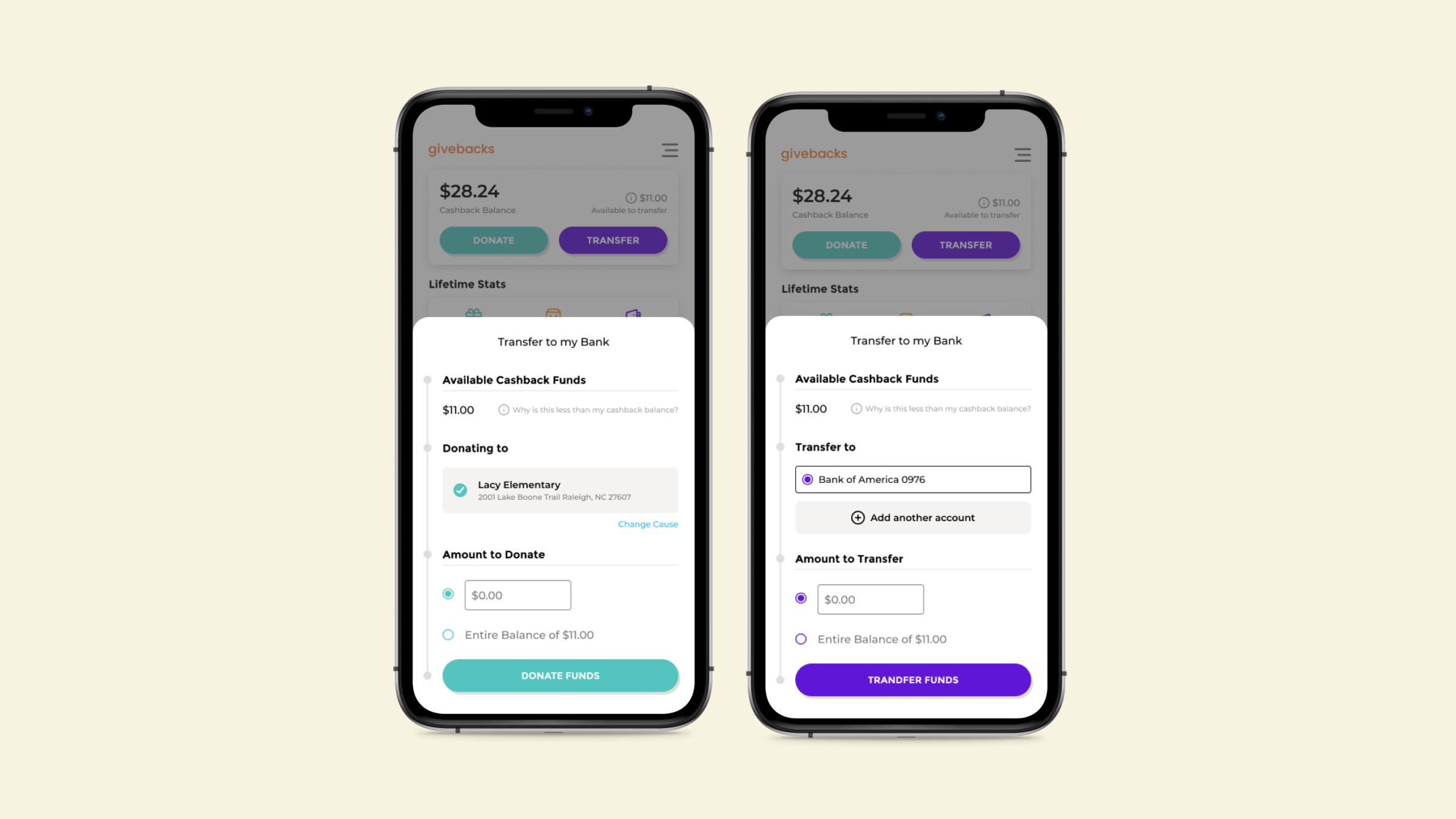 Two Givebacks phone screens: donating cashback to a cause and transferring cashback to a bank.