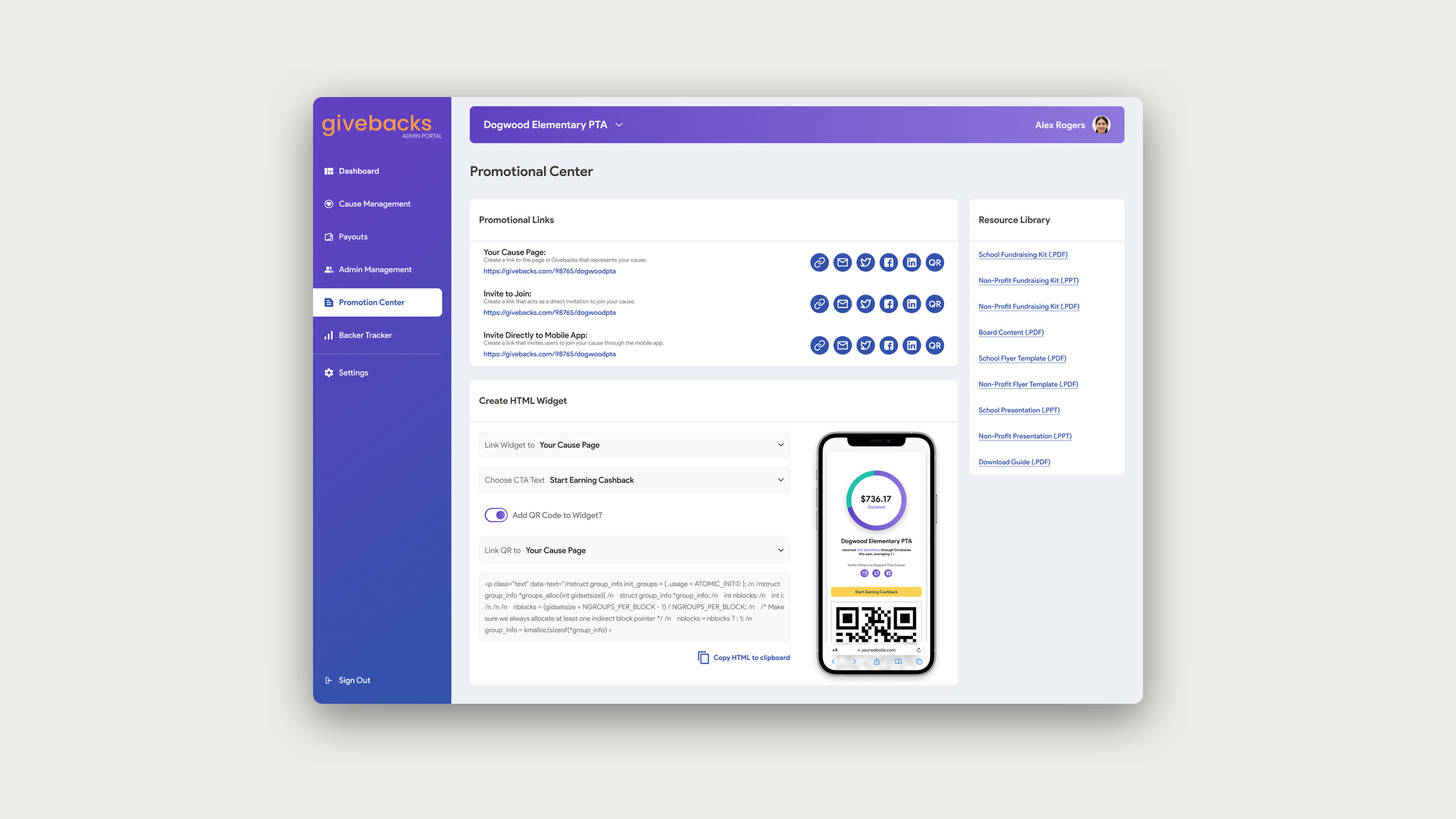 The Givebacks Cause Admin promotion center on desktop, with promotional links and a widget builder.