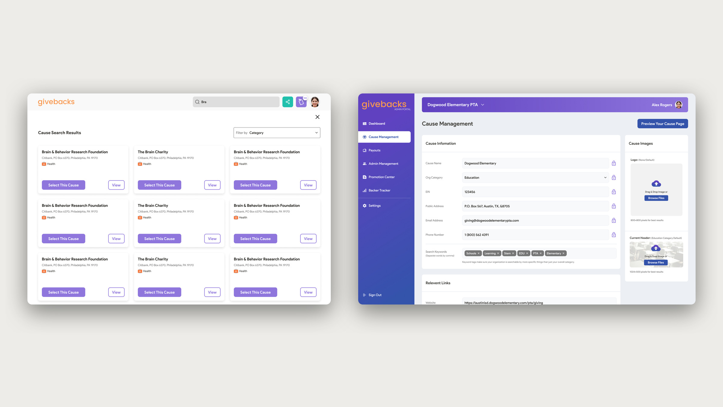 Two Givebacks web screens: cause search results, and cause management in the admin portal.