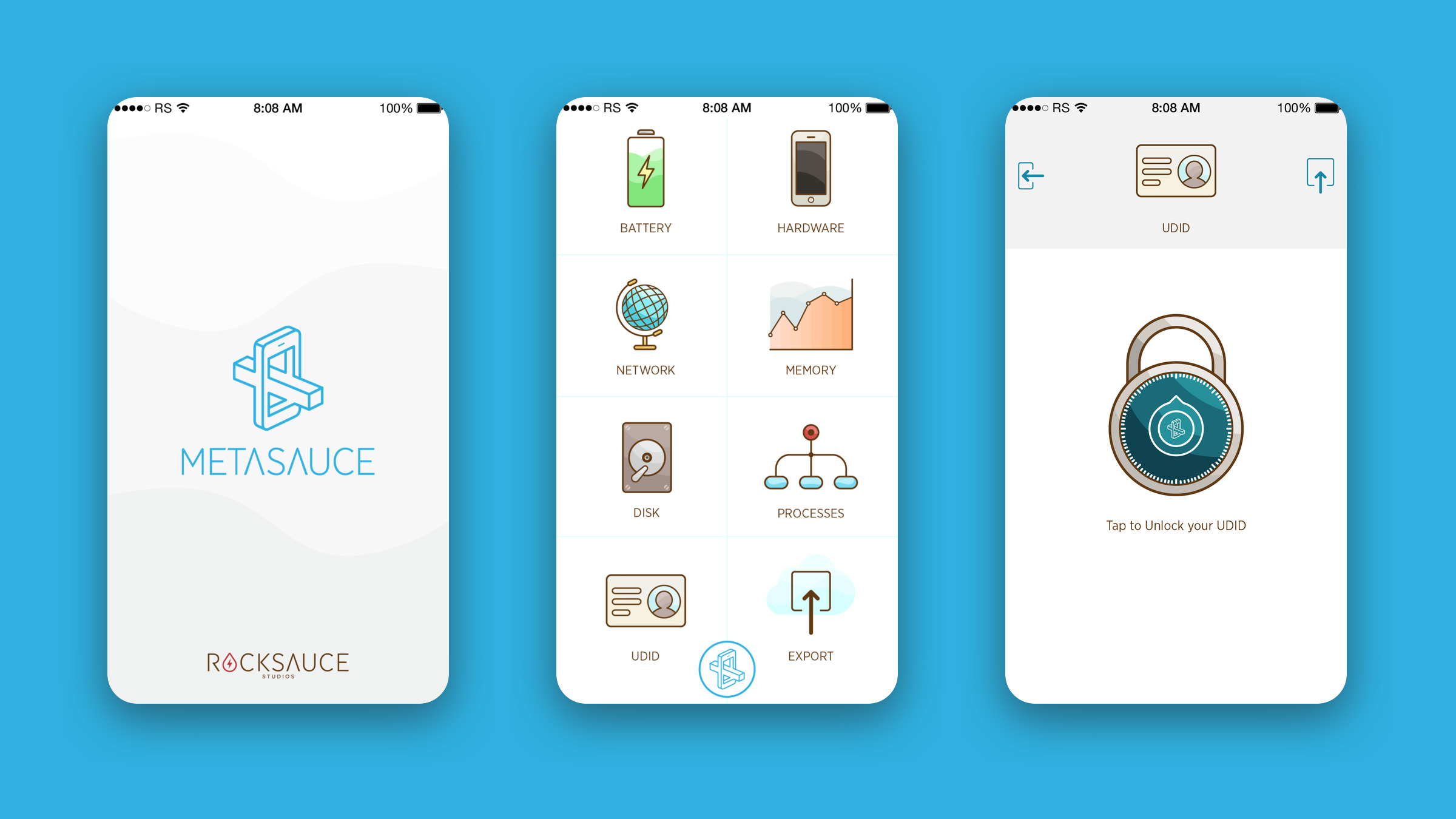 Three iPhone screens of MetaSauce: the launch screen with the logo, the home grid of eight tiles and the locked device ID screen.