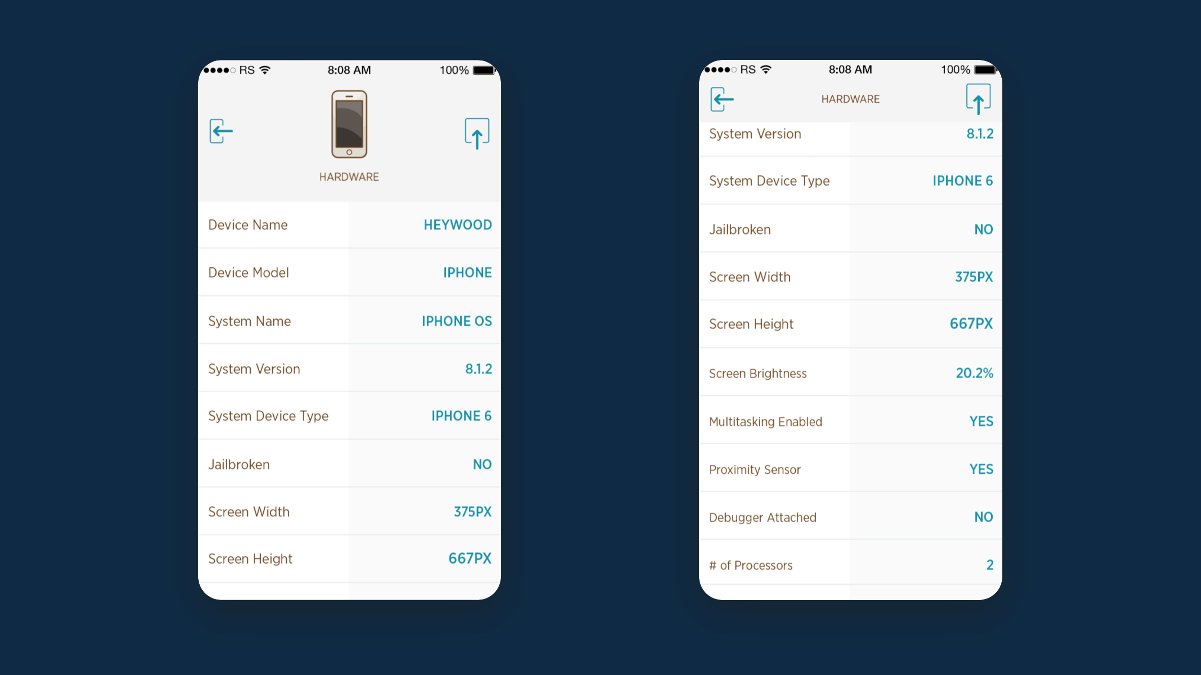 Two iPhone screens of MetaSauce showing the hardware page with the device name, model, system version and screen size.