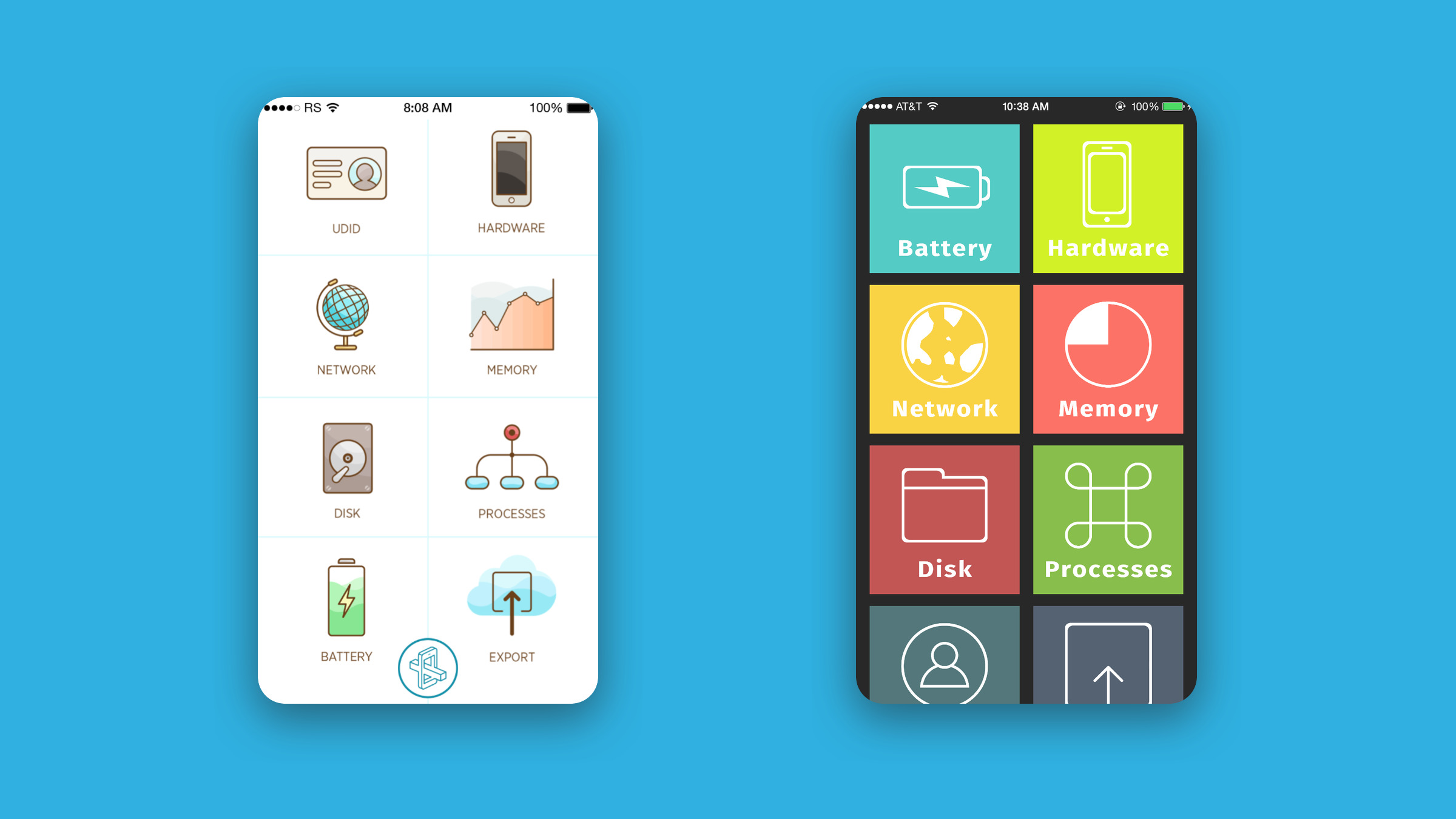 Two iPhone home screens for MetaSauce: a white grid of line icons and a grid of bright colored tiles.
