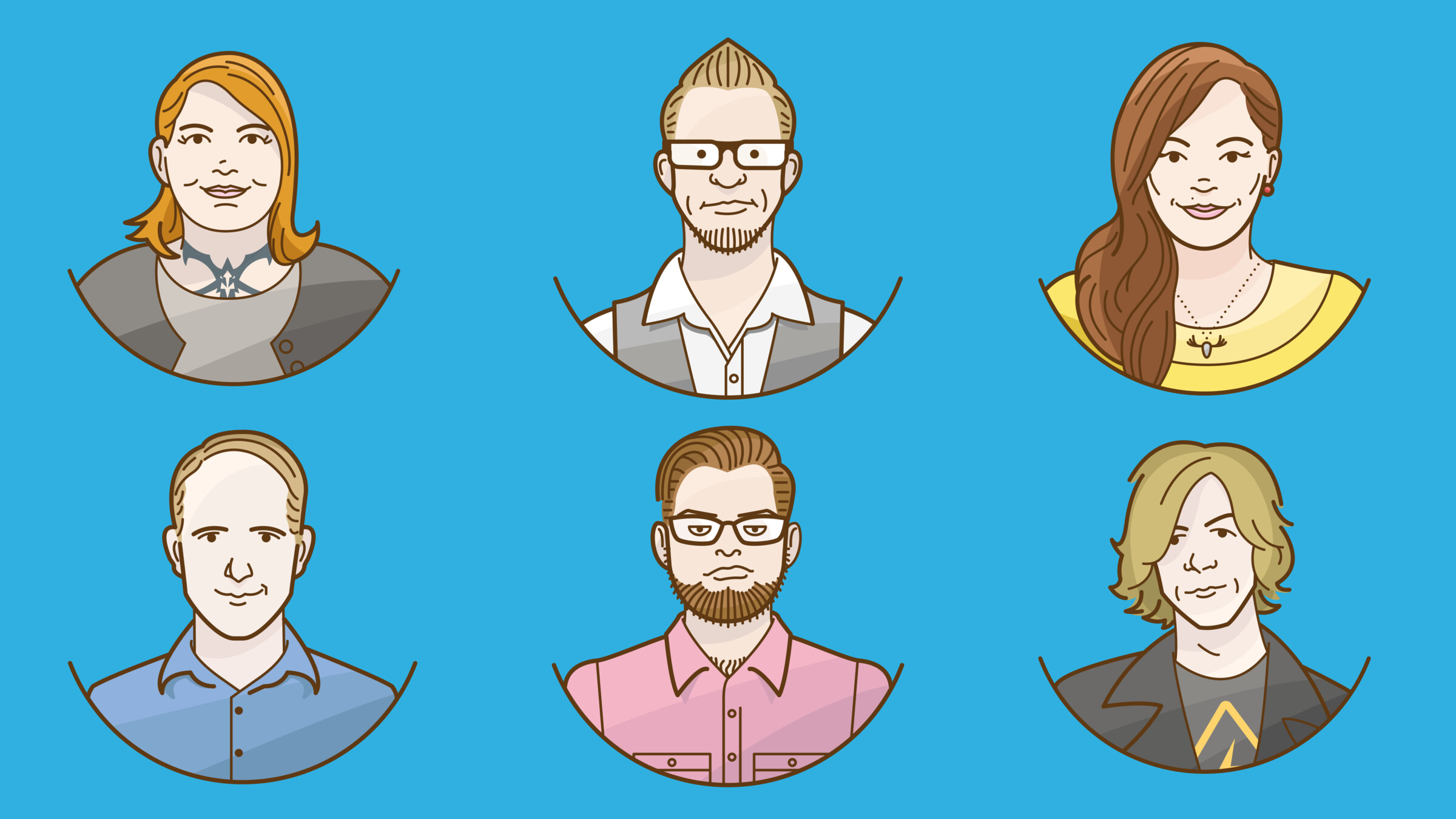 Six illustrated portraits of the MetaSauce team in a brown line style on a sky blue ground, three above three.