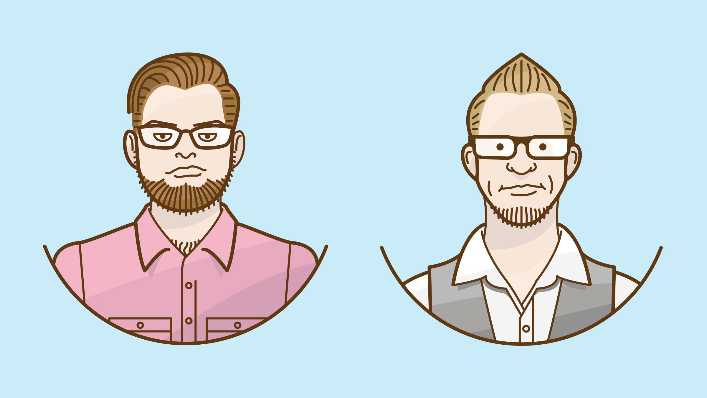Two team portraits side by side on pale blue: a bearded man in a pink shirt and glasses, and a man in a vest with glasses and a pointed haircut.