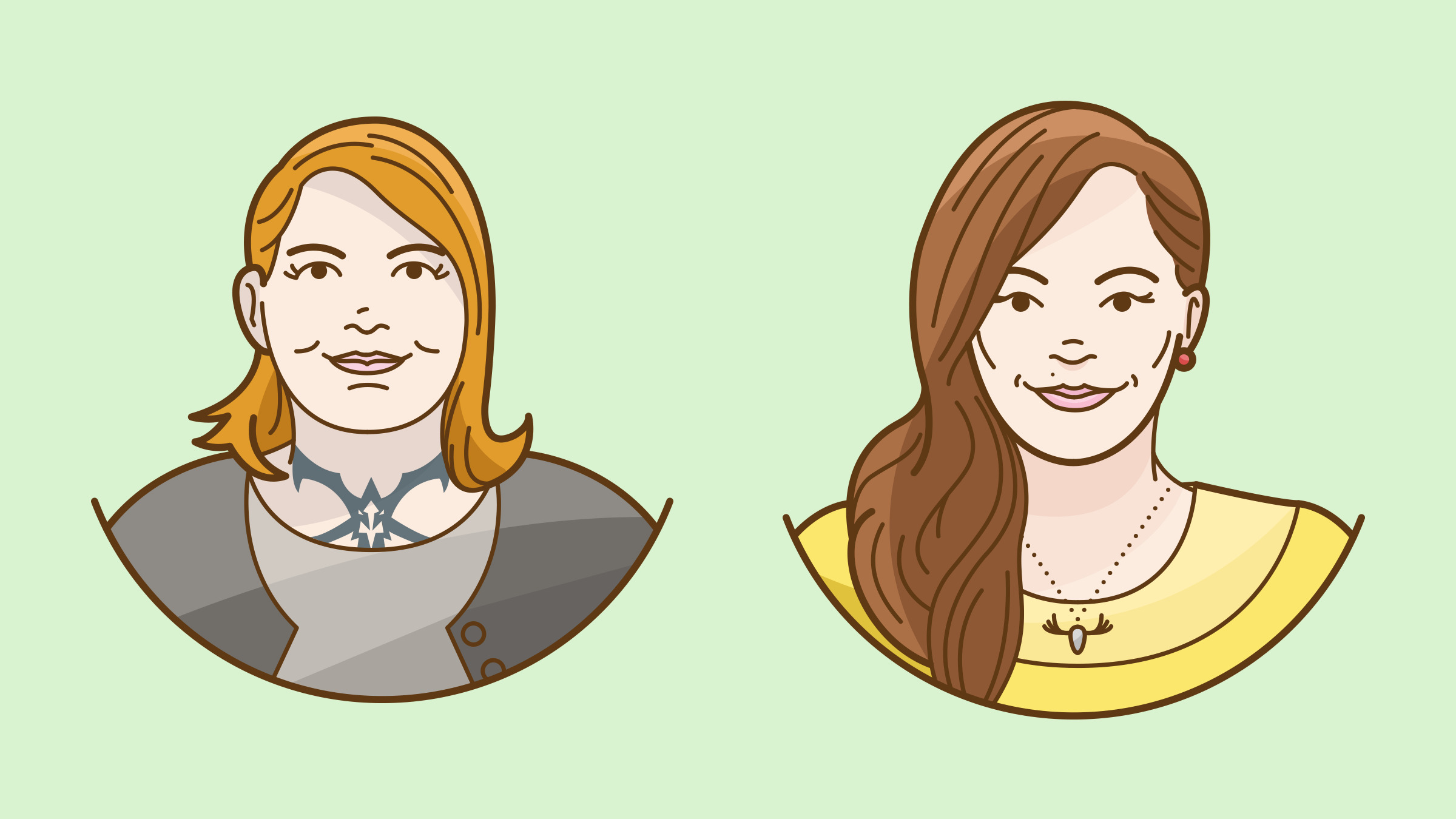 Two team portraits side by side on pale green: a woman with orange hair and a woman with long brown hair in a yellow top.