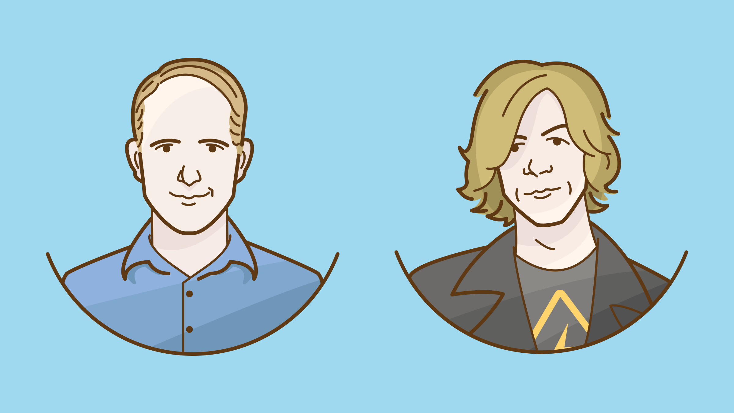 Two team portraits side by side on light blue: a man in a blue shirt and a man with shoulder length blond hair in a dark jacket.