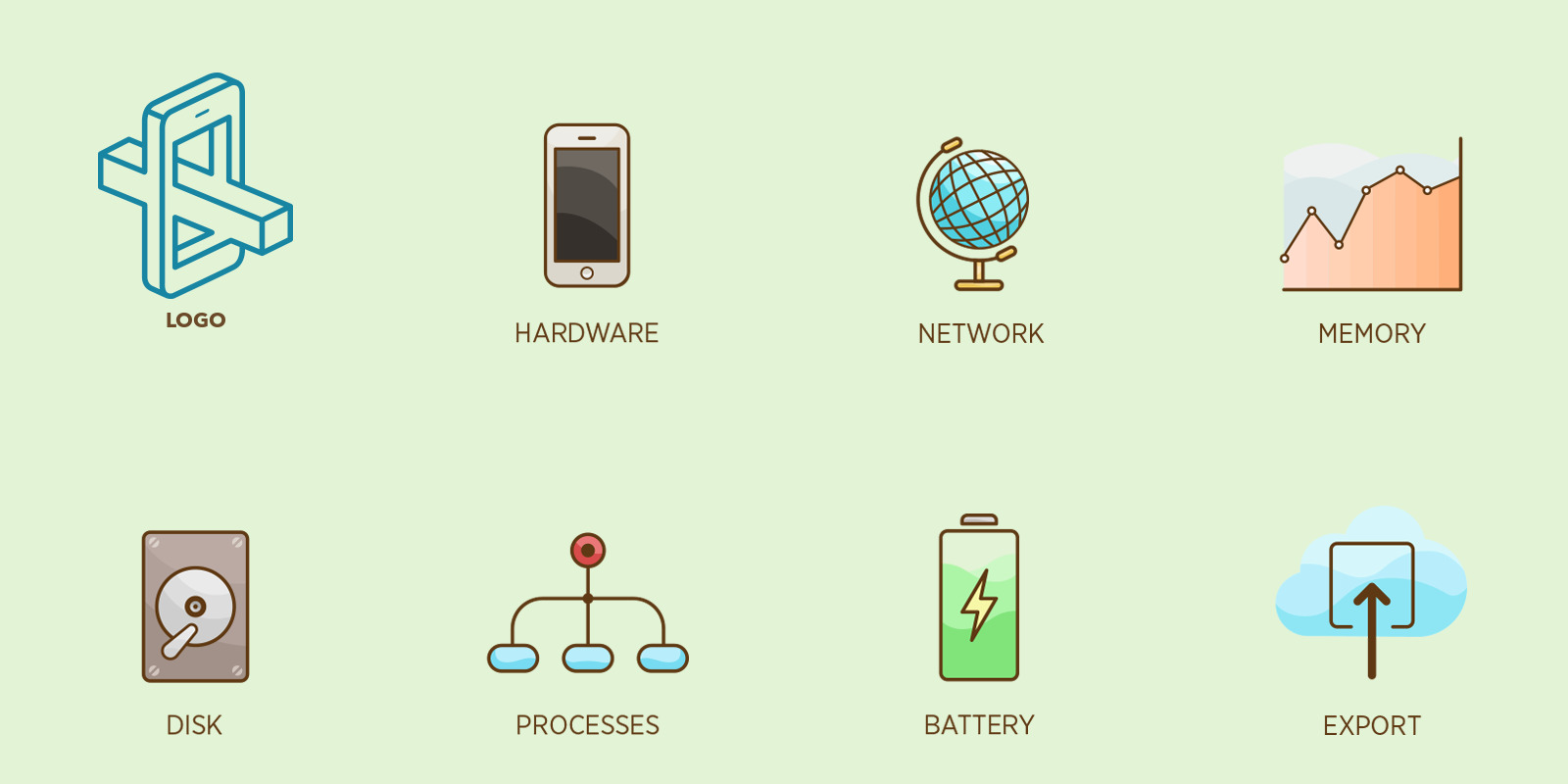 The MetaSauce logo and the home screen icons for hardware, network, memory, disk, processes, battery and export, each drawn in brown line with soft color, on a pale green ground.