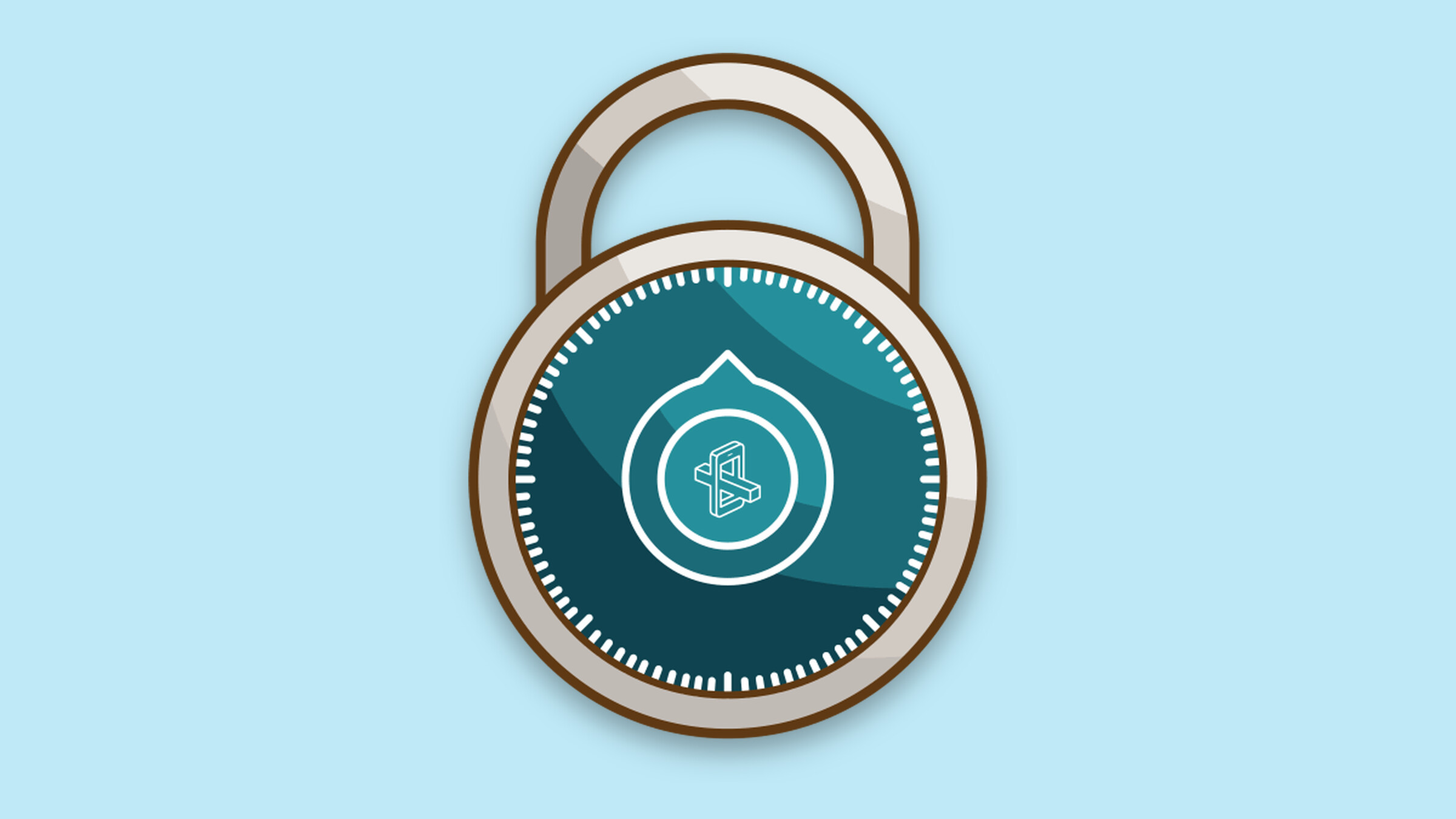 The MetaSauce lock illustration blown up large: a brown outlined padlock with a teal combination dial and the MetaSauce mark at its center, on pale blue.