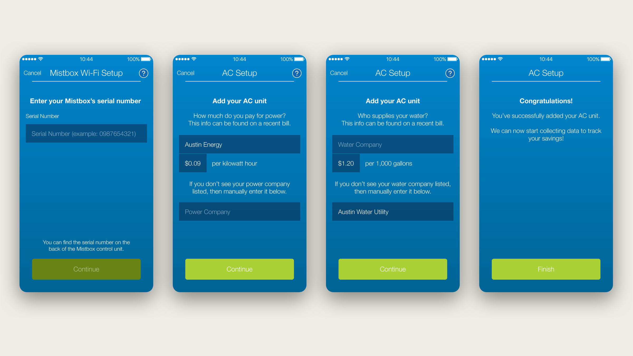 Four Mistbox screens: enter the serial number, enter power rates, enter water rates and the AC setup confirmation.