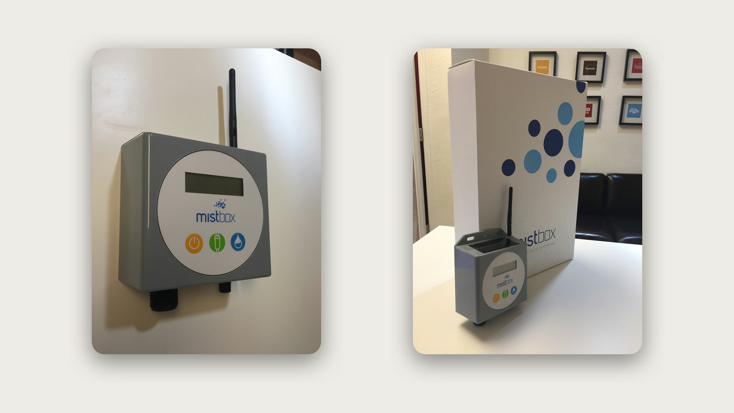 Two photographs of the gray Mistbox device with its antenna: mounted on a white wall, and standing beside its branded box.