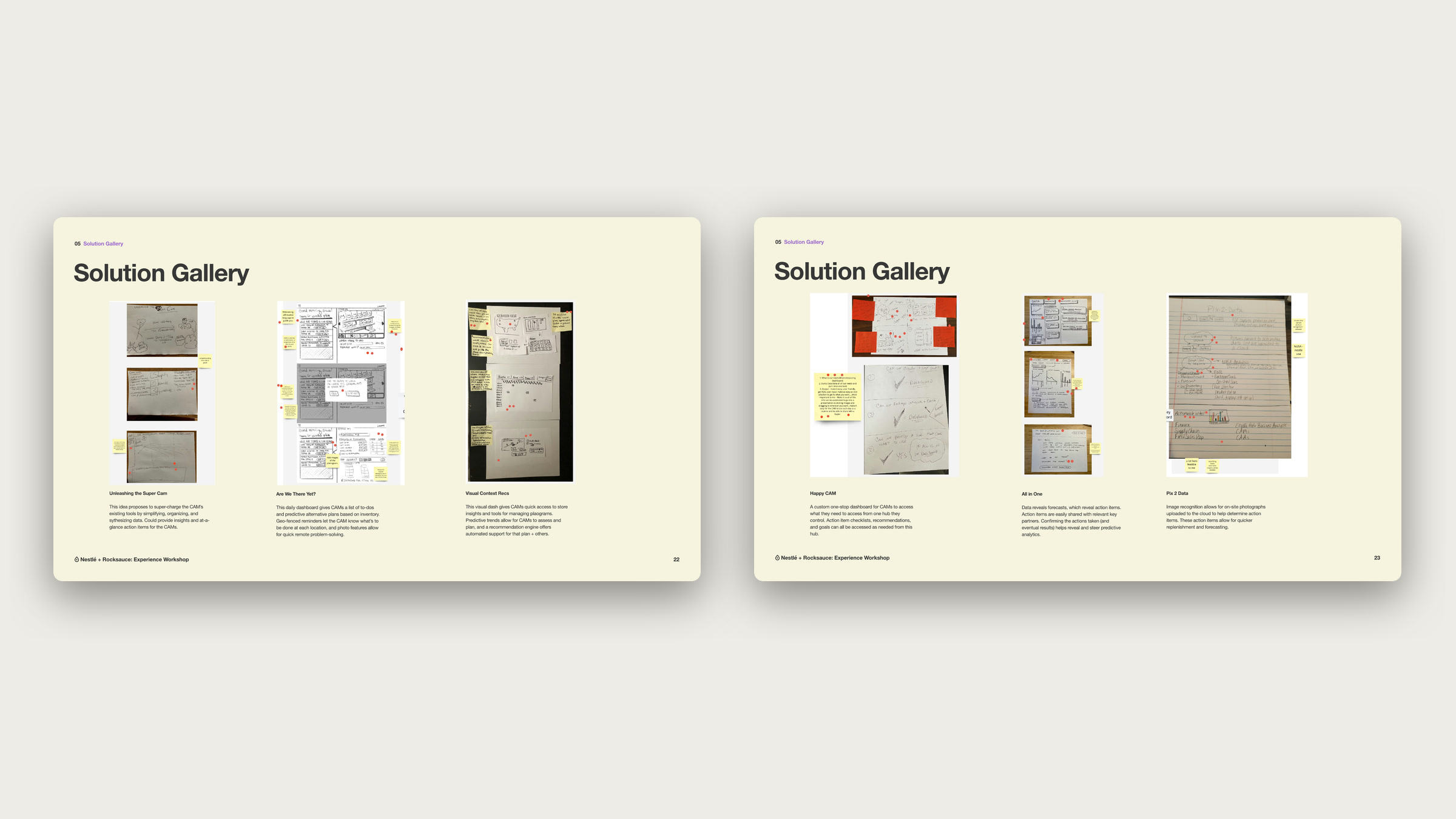 Two Solution Gallery slides showing photographed ideation sketches with sticky notes.