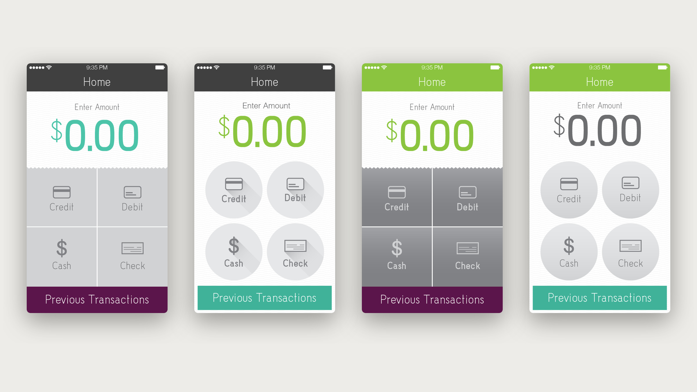 Four versions of the app's home screen with square tiles or round buttons under a charcoal or green navigation bar.