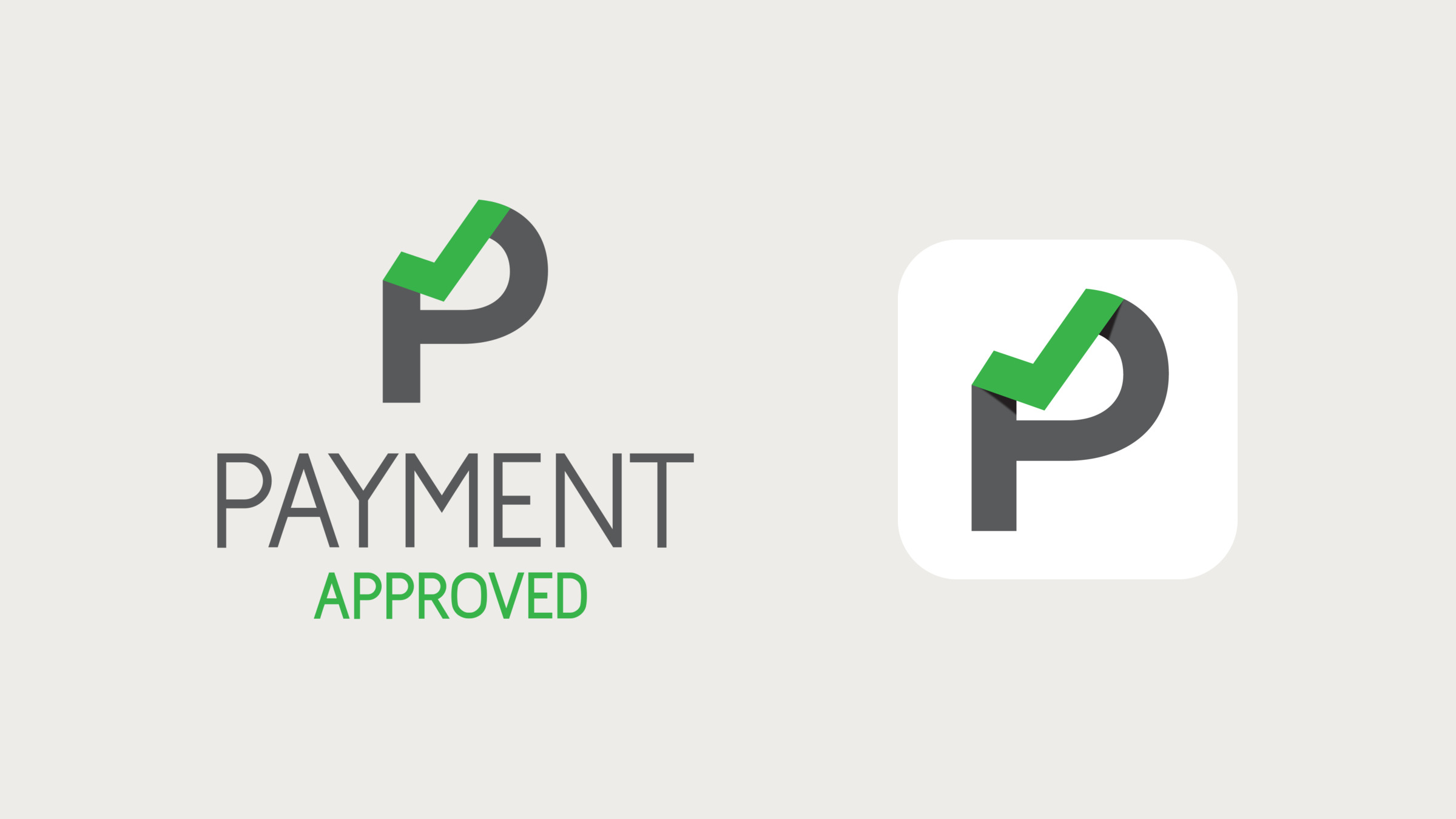The Payment Approved logo, a gray P closed by a green check mark with the name below, beside the same mark as an app icon.