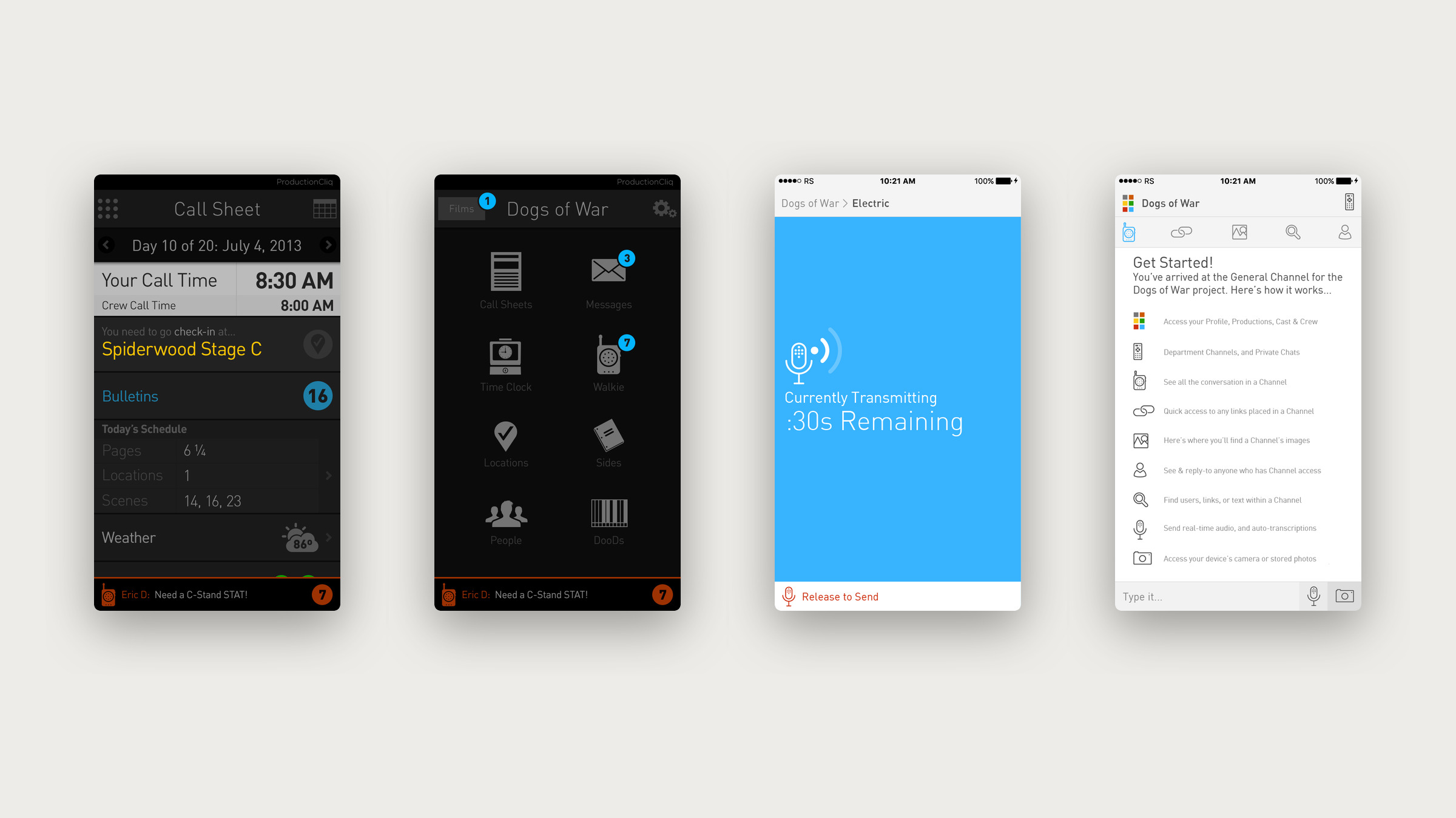 Four phone screens: a dark call sheet with a crew call time, a dark home screen of app tiles, a blue push-to-talk screen with 30 seconds remaining, and a Get Started channel screen.