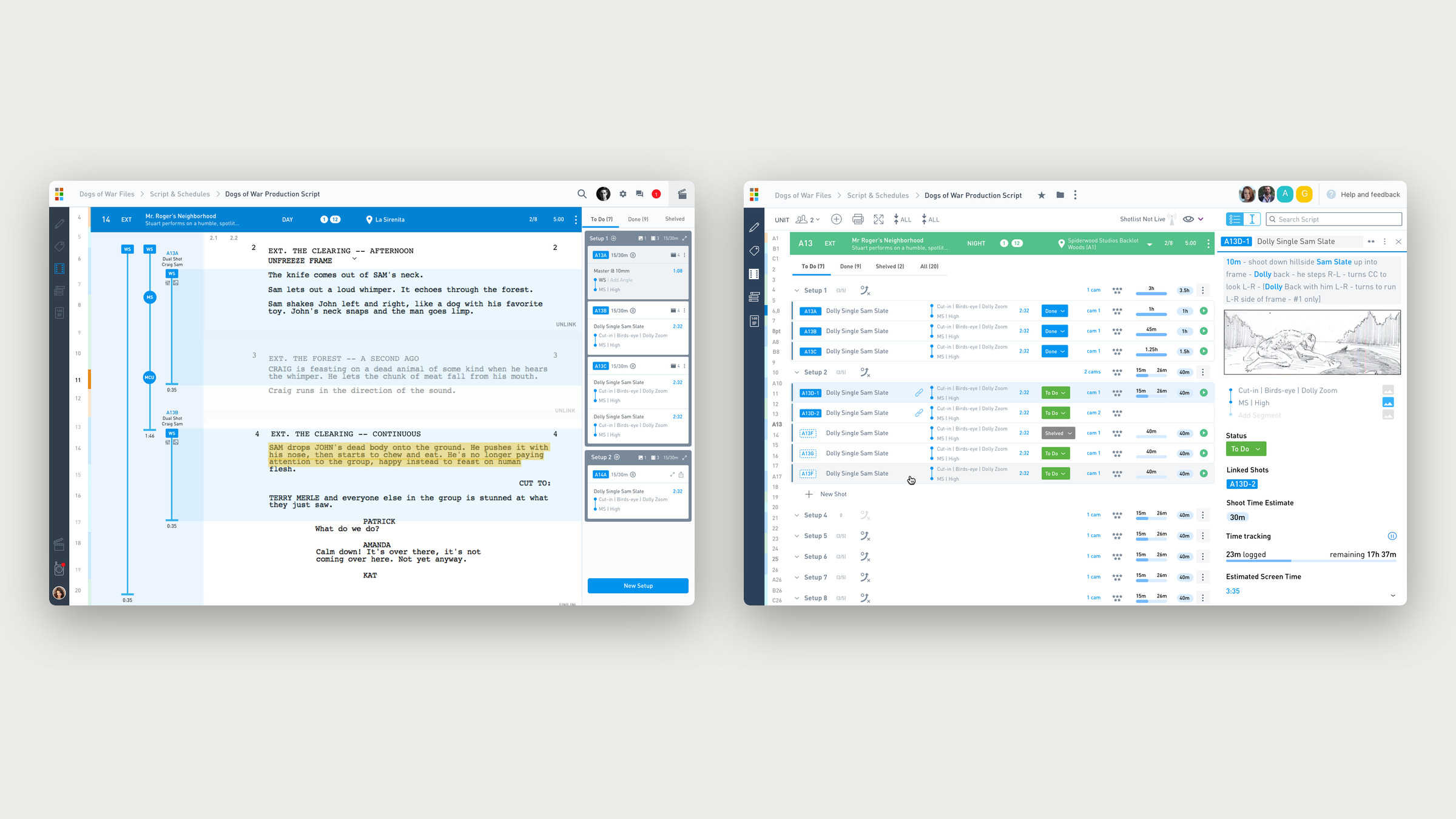 Two web screens: a script with vertical shot lines beside the page, and a shotlist grouped into setups with status, time estimates and a storyboard frame.