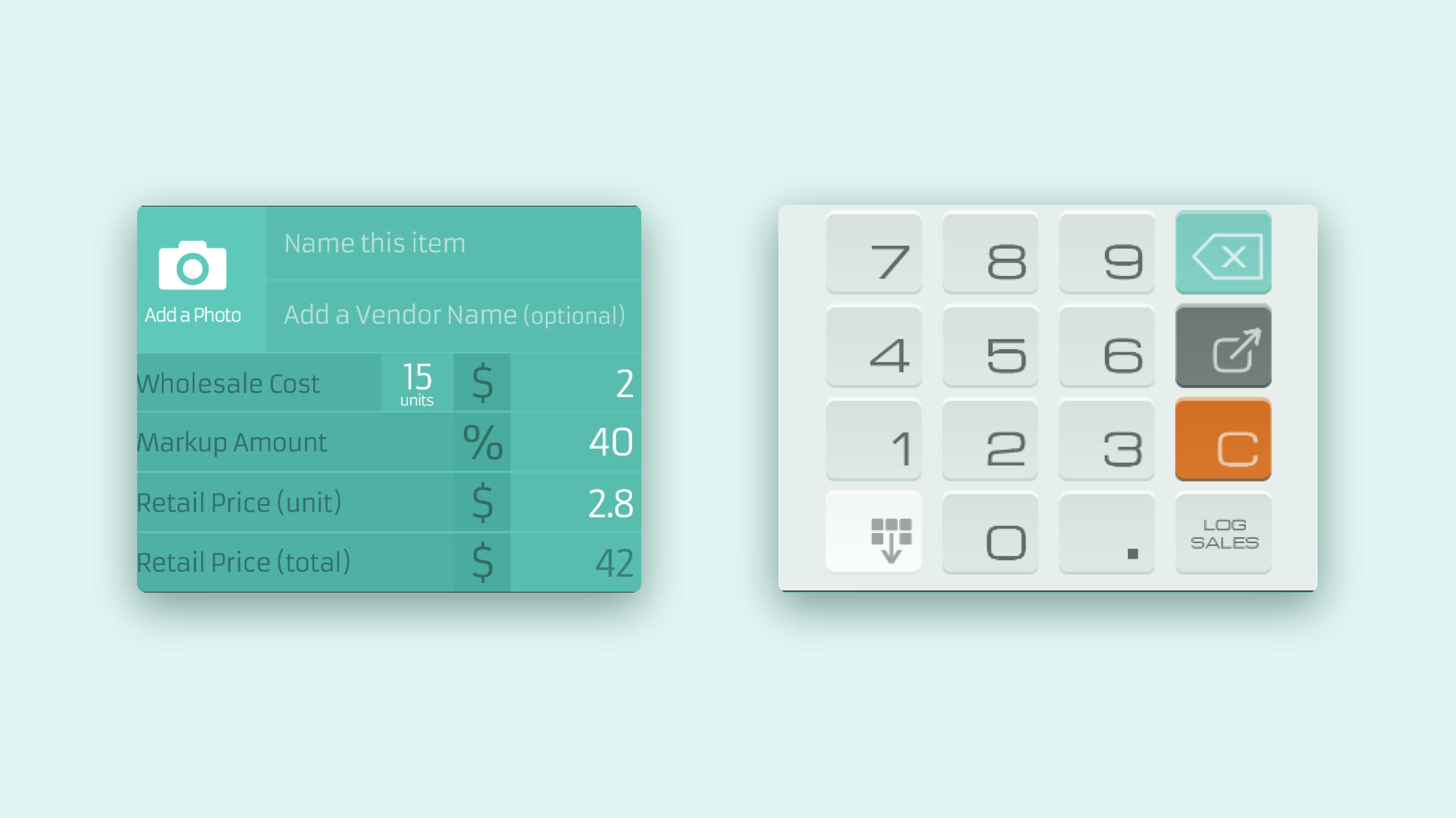 The Prophit item entry form beside the custom retro calculator keyboard.