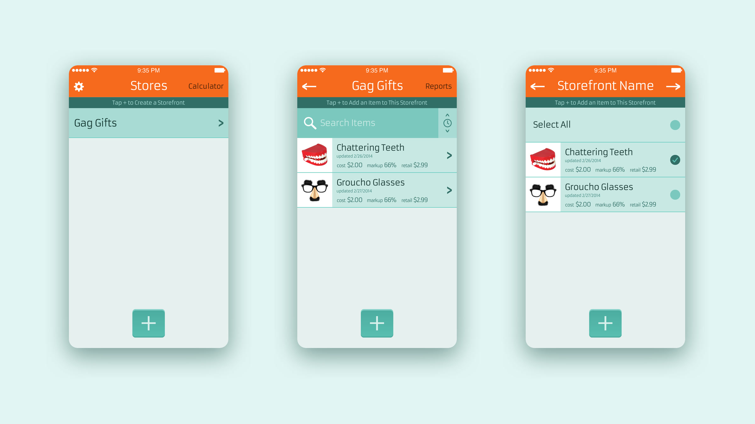 Three Prophit screens: the Stores list, a storefront with two items, and the storefront item selection.