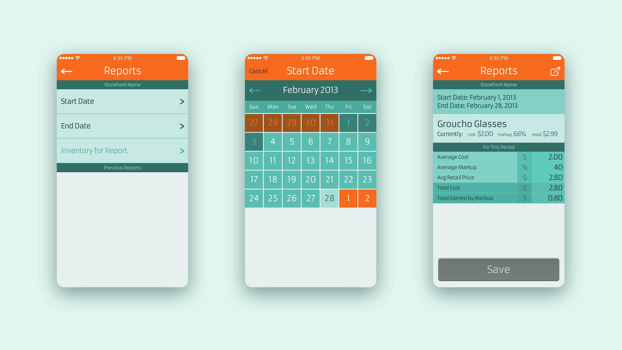 Three Prophit screens: the Reports start and end date, the date picker calendar, and the report totals for an item.