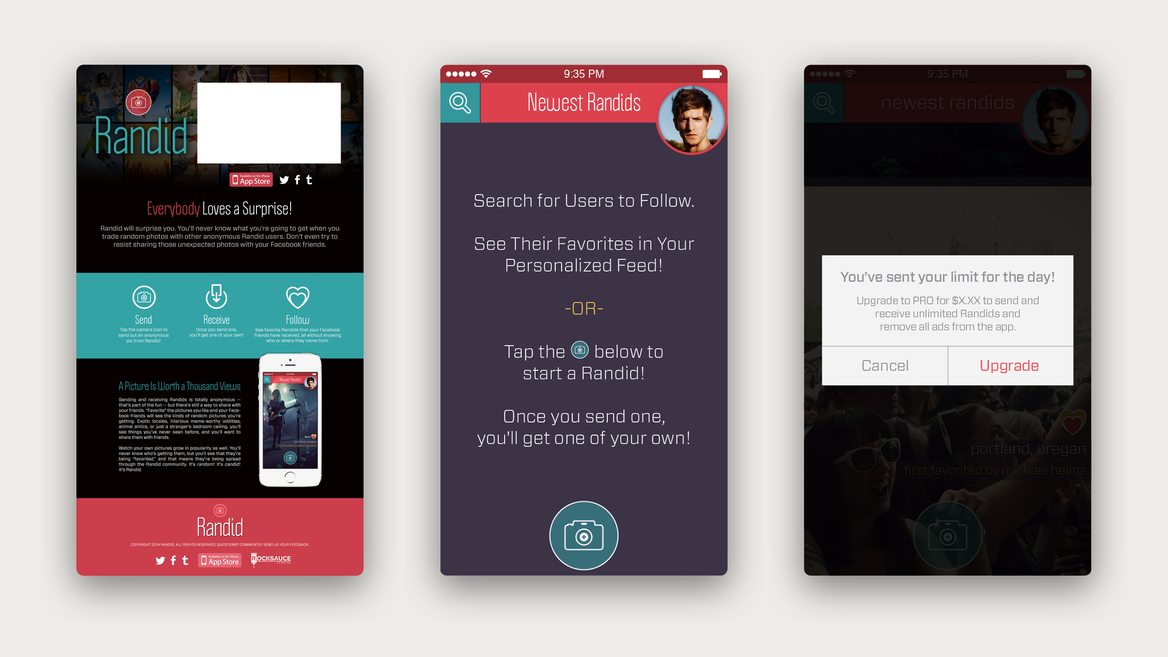 The Randid launch page, the empty feed screen, and the daily limit upgrade prompt.