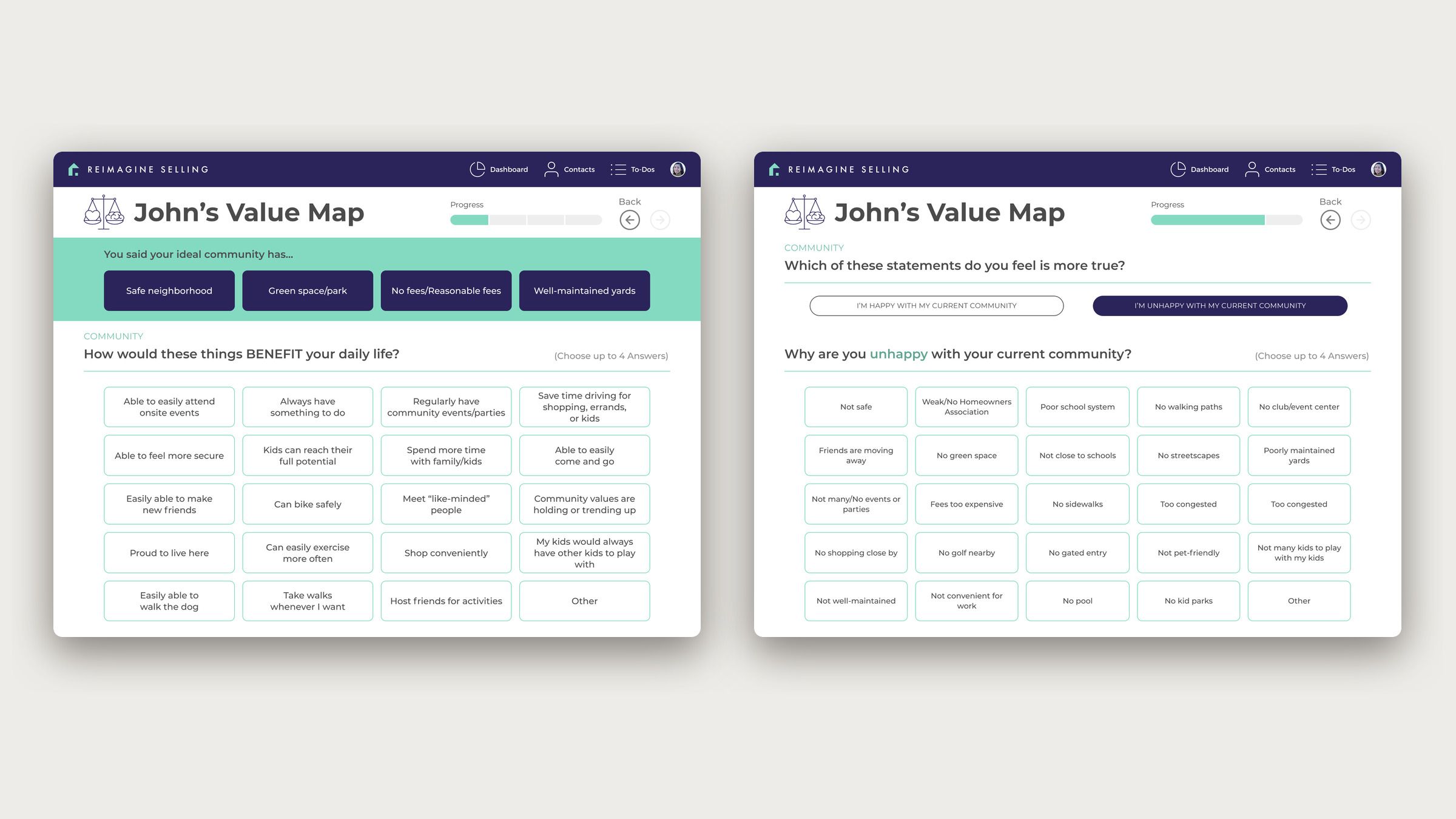 Two assessment screens, a benefits question and the unhappy-with-current-community branch, with selectable answer buttons under a Value Map header.
