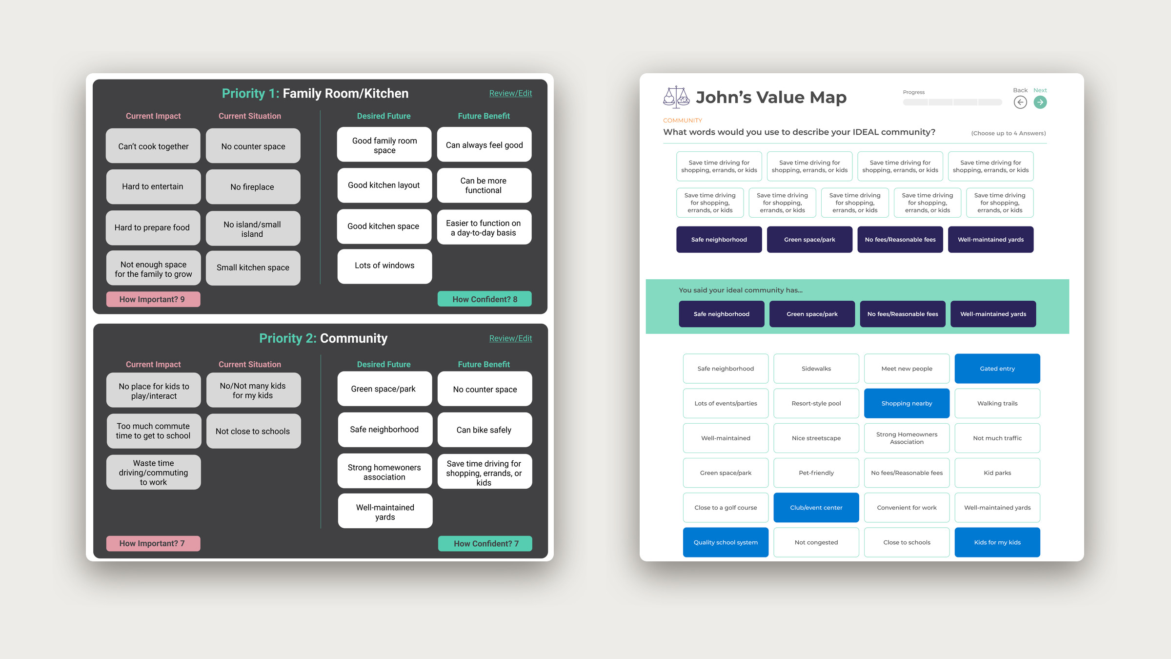 A dark Value Map wireframe of two priorities beside the light UI of the same assessment with selectable answers.